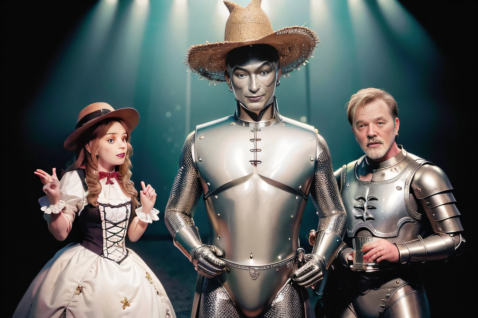 (best quality, 4k, 8k, high resolution, masterpiece: 1.2), ultra detailed, (realistic, photorealistic, photorealistic: 1.37), creative, (vibrant colors, intense colors: 1.2)man dressed as a scarecrow and woman in a dress and a hat next to a tin man, award-winning costume design, the wizard of oz, the mighty tin man, wizard of oz, 3 actors on stage, production photo, facing partially to the left, wonderful!! ! beautiful!!, absolutely exceptional image,
