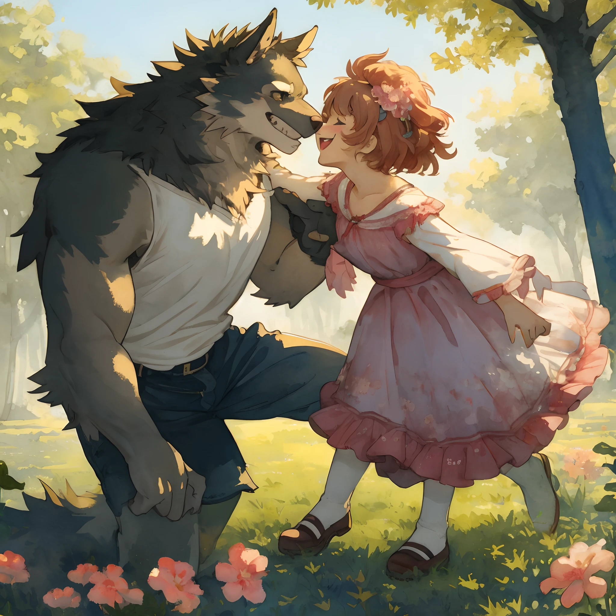 watercolor, soft color, Vintage images, highres, unparalleled masterpiece, absurdres, love story of human girl and giant Werewolf, pair, Height difference, Physical difference, perfect anatomy, smile, joyful, play with, smile, happy, watercolor,