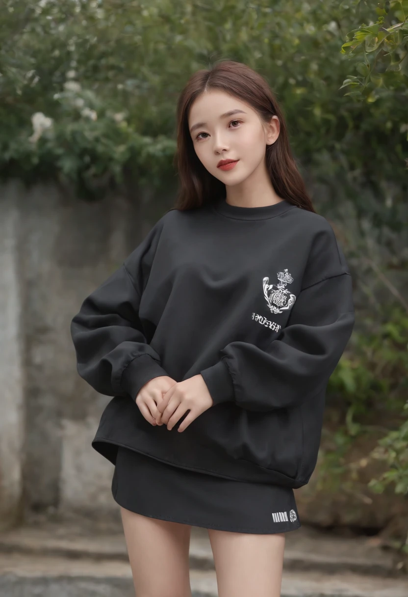 one-girl,Stylish sweatshirt, Windbreaker long skirt,Poster on the front,The color of the clothes is bright and simple,Cute, Very aesthetic,Realistic style anime,ssmile,self-assured,Put your hands in your pockets,tmasterpiece,ultraclear,8K,HighestQuali,