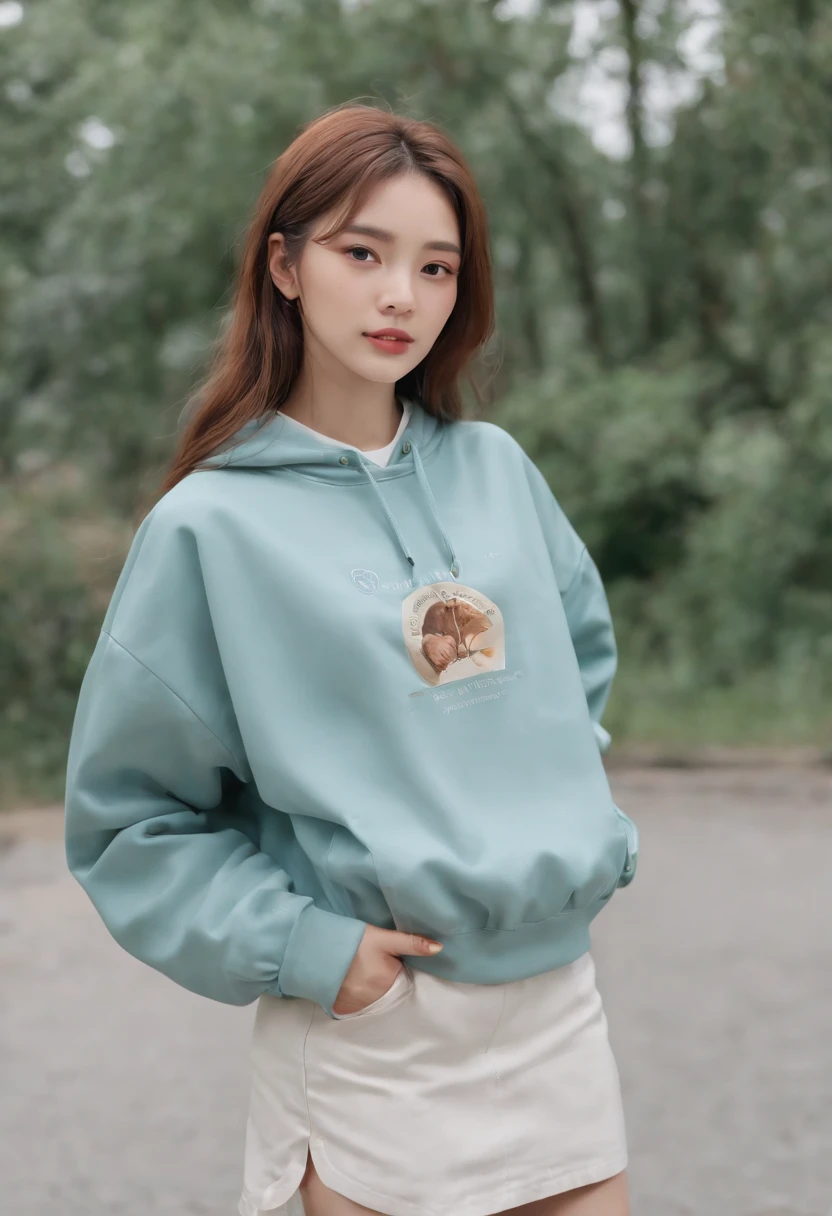 one-girl,Stylish sweatshirt, Windbreaker long skirt,Poster on the front,The color of the clothes is bright and simple,Cute, Very aesthetic,Realistic style anime,ssmile,self-assured,Put your hands in your pockets,tmasterpiece,ultraclear,8K,HighestQuali,