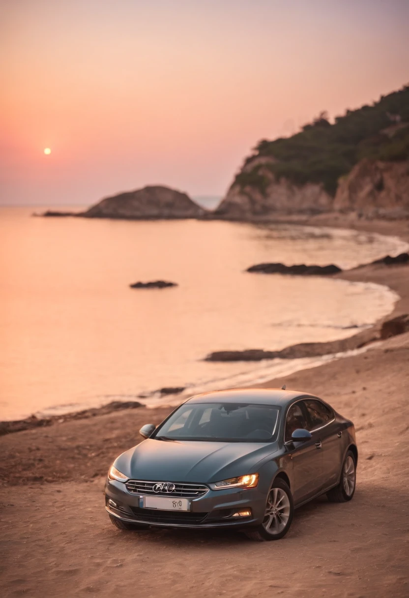 a car stand on sea land sunset