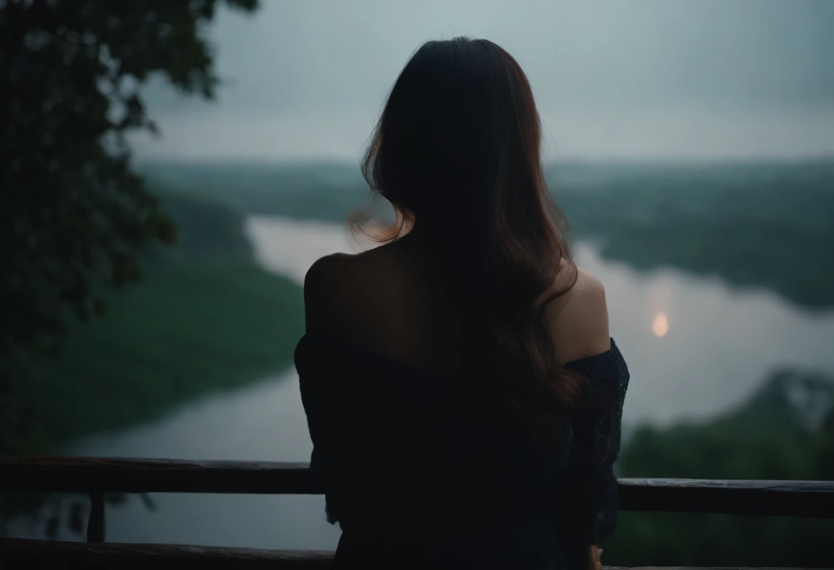 Screenshot of the movie, director:张艺谋 in the mood of, A girl sits on the black edge, Cloudy, Rainy, dusk scene, Antique style, high high quality, 8K, From the back