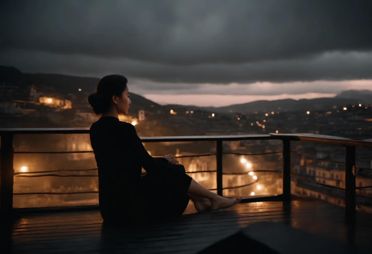Screenshot of the movie, director:张艺谋 in the mood of, A girl sits on the black edge, Cloudy, Rainy, dusk scene, Antique style, high high quality, 8K, From the back