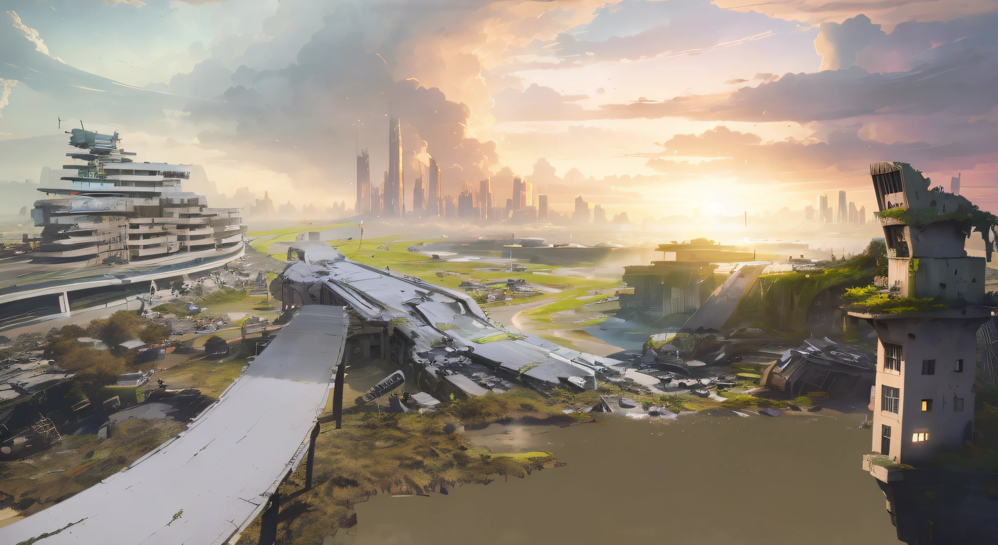 There is a picture of a futuristic city with a bridge, Dystopian digital concept art, destroyed city in background, cityscape ruins in the distance, outdoors ruined cityscape, concept art 2022, Dystopian landscape, matte painting comic book art, Ruined cityscape, post apocalyptic landscape, background is a city in ruins, post - apocalyptic city, environment concept art, Dystopian background