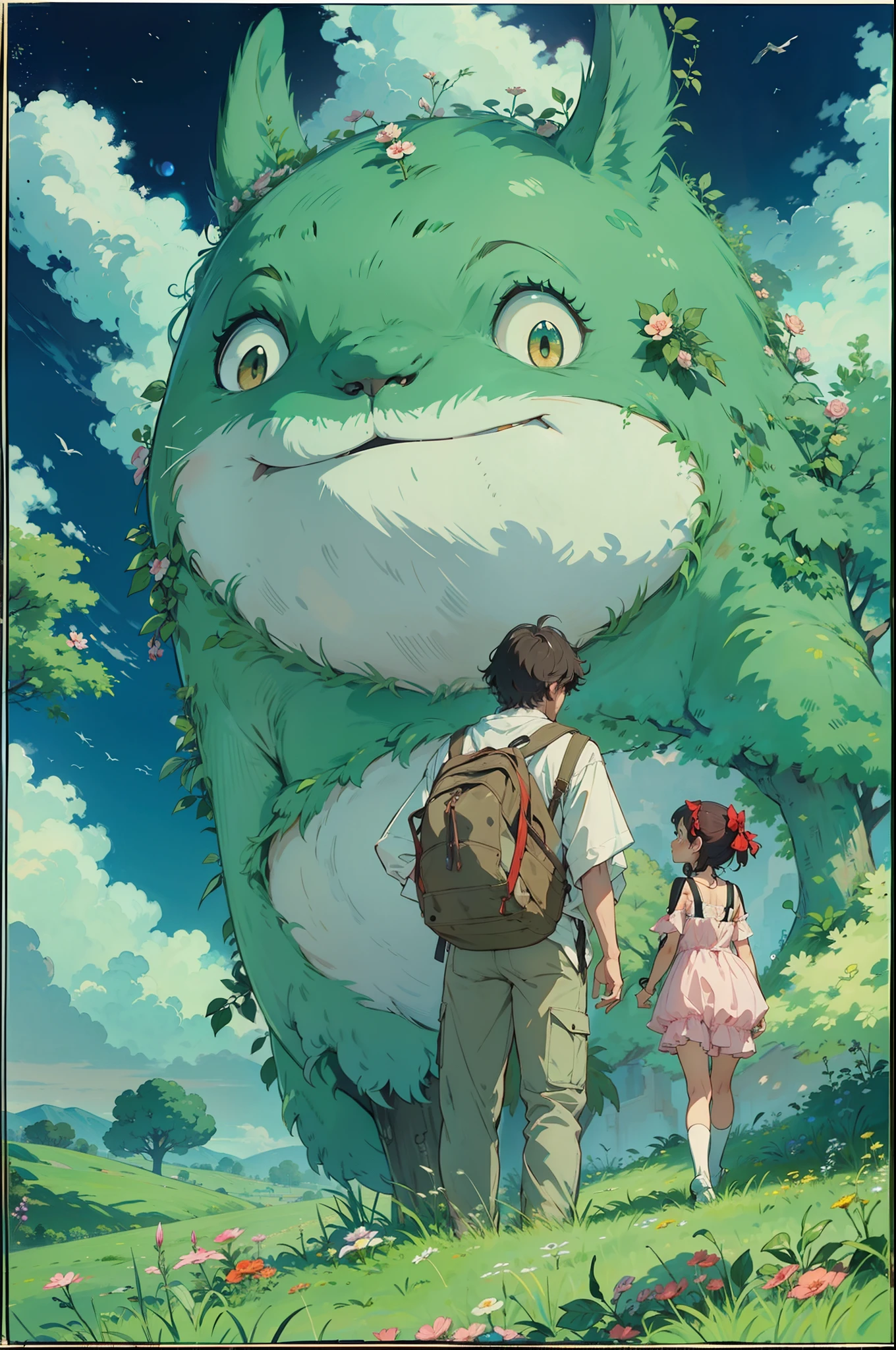 hombre y mujer observando el cielo en un prado verde, Real anime costume design, Viaje de Chihiro, Totoro. detallado, colorido, cielo azul con dragon blanco volando.