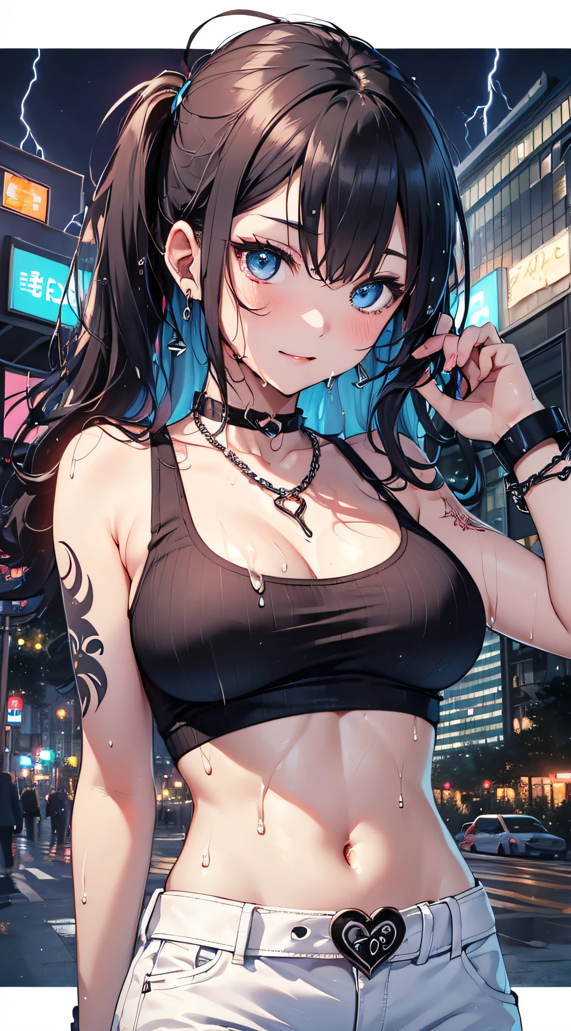 top-quality、Top image quality、masterpiece、girl with((18year old、Tattoo of the heart symbol on the right shoulder、Black Navel Tank Top、White pants、Best Bust、Bust 85、a blond、poneyTail、Blue eyes、open chest wide、Happiness、Chain Accessories、Black wristband on wrist、jamping,A slender、whole body Dripping wet、Hold the whip))hiquality、visualart、Background with((City at night、Sateen、lightning bolt))、masutepiece
