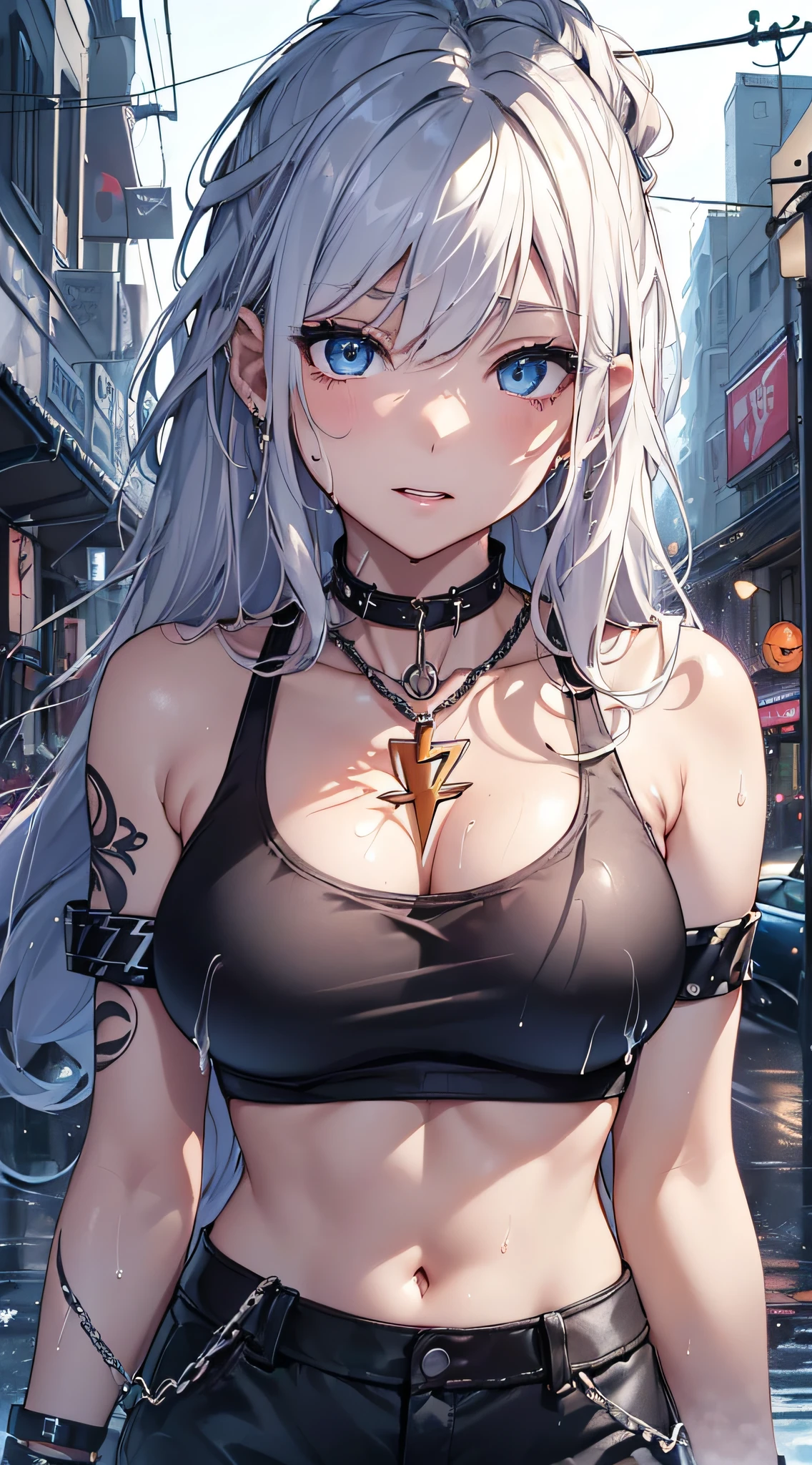 top-quality、Top image quality、​masterpiece、girl with((18year old、Tattoo of the heart symbol on the right shoulder、Black Navel Tank Top、White pants、Best Bust、Bust 85、a blond、poneyTail、Blue eyes、open chest wide、Happiness、Chain Accessories、Black wristband on wrist、jamping,A slender、whole body Dripping wet、Hold the whip)）hiquality、visualart、Background with((City at night、Sateen、lightning bolt))、masutepiece