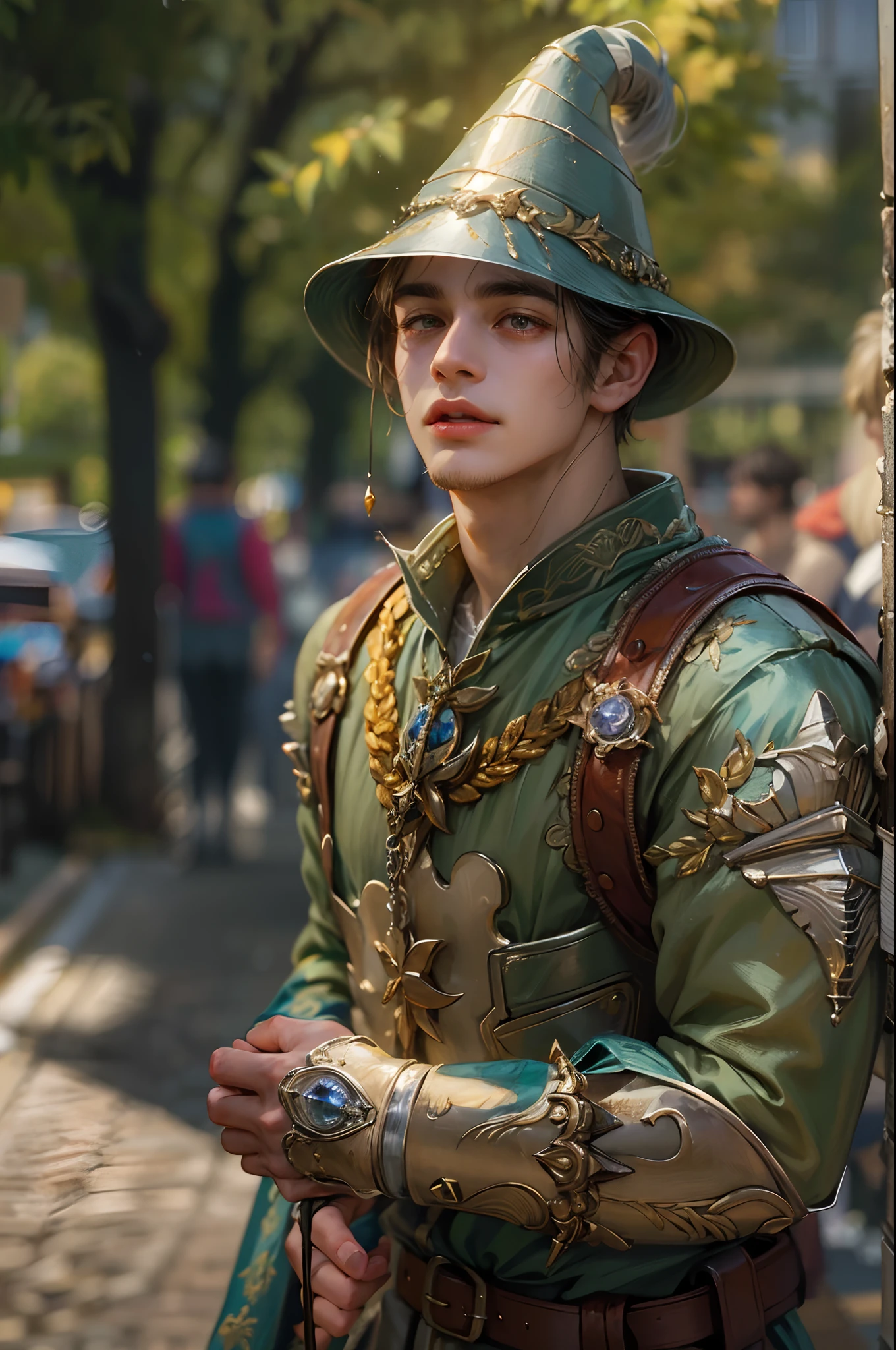 (absurdres, highres, ultra detailed, HDR), masterpiece, best quality, wizard of oz character, handsome young hero wearing detailed headgear, detailed face, handsome face, strolling at the town , detailed character, detailed outdoor