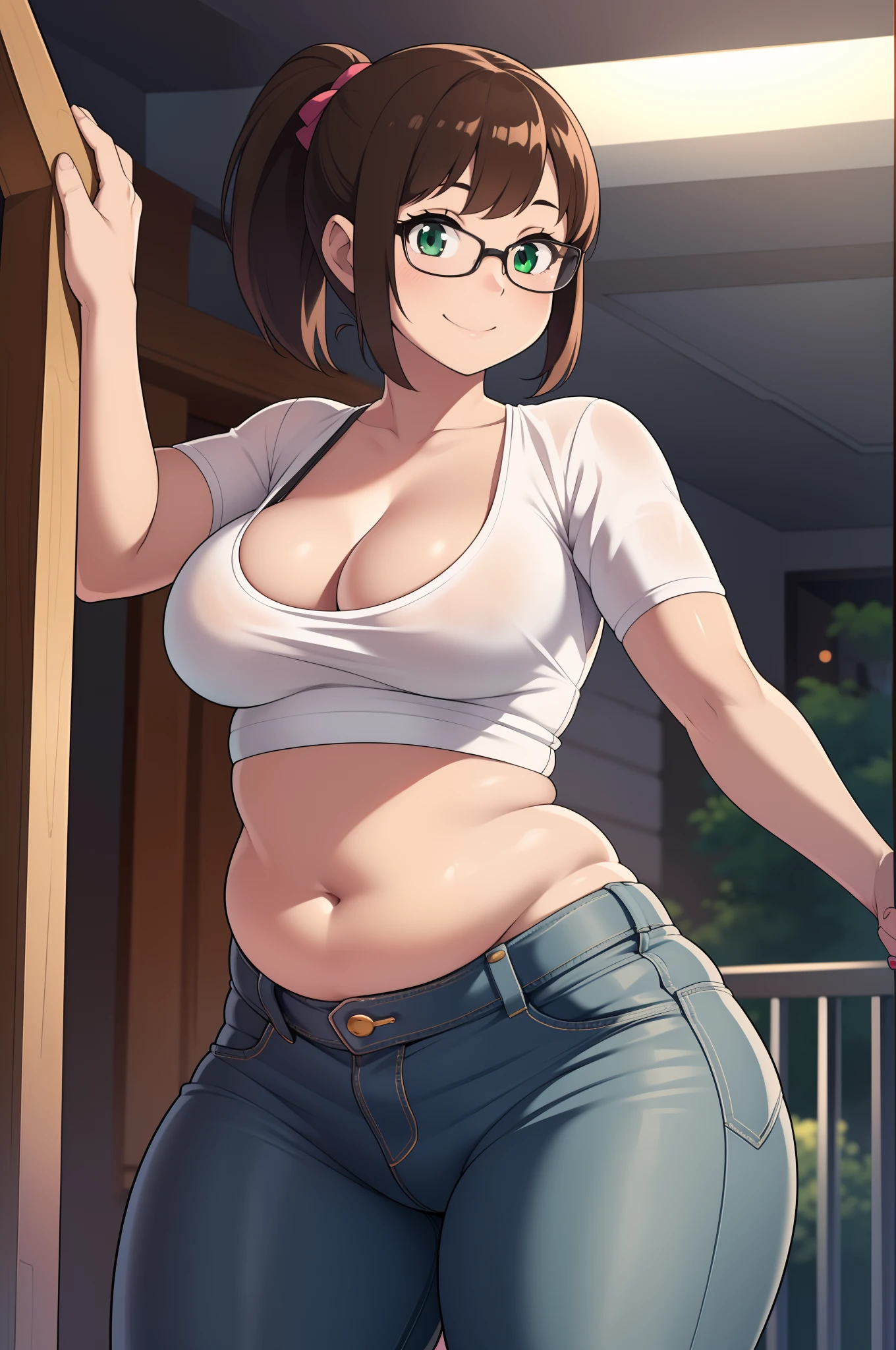 ((kipteitei art)), ((highres)), Masterpiece, high quality, best quality, beautiful, perfect lighting, detailed face, ultra cute face, full body, cowboy shot, ((1girl)), ((solo), skindentation, short brown hair, green eyes, glasses, ponytail, smile, looking at viewer, white crop top, jeans, chubby, belly hang, (medium breasts), perky breasts, cleavage, ((thick thighs)), wide hips, standing, bar,