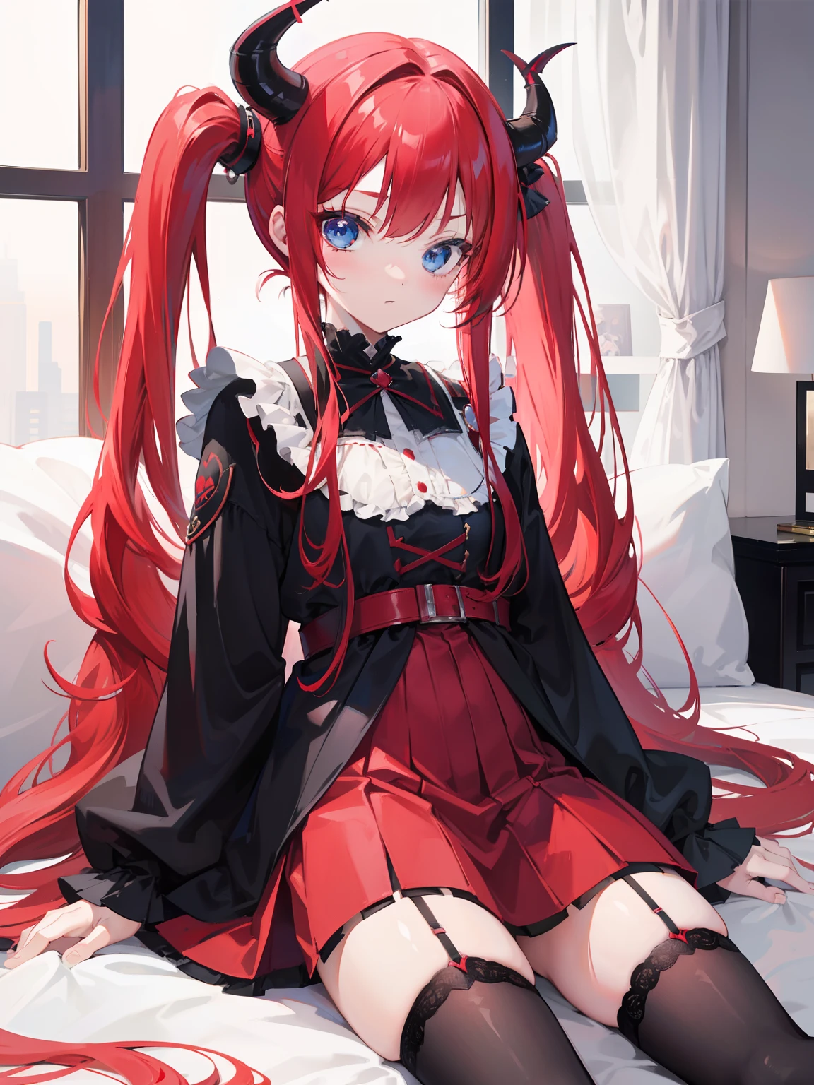 red hair,blue eyes,twintails, long hair, solo, loli, black stockings,{{best quality}}, {{masterpiece}}, {{ultra-detailed}}, {illustration}, {detailed light}, {an extremely delicate and beautiful},,cute,Succubus, demon,horns