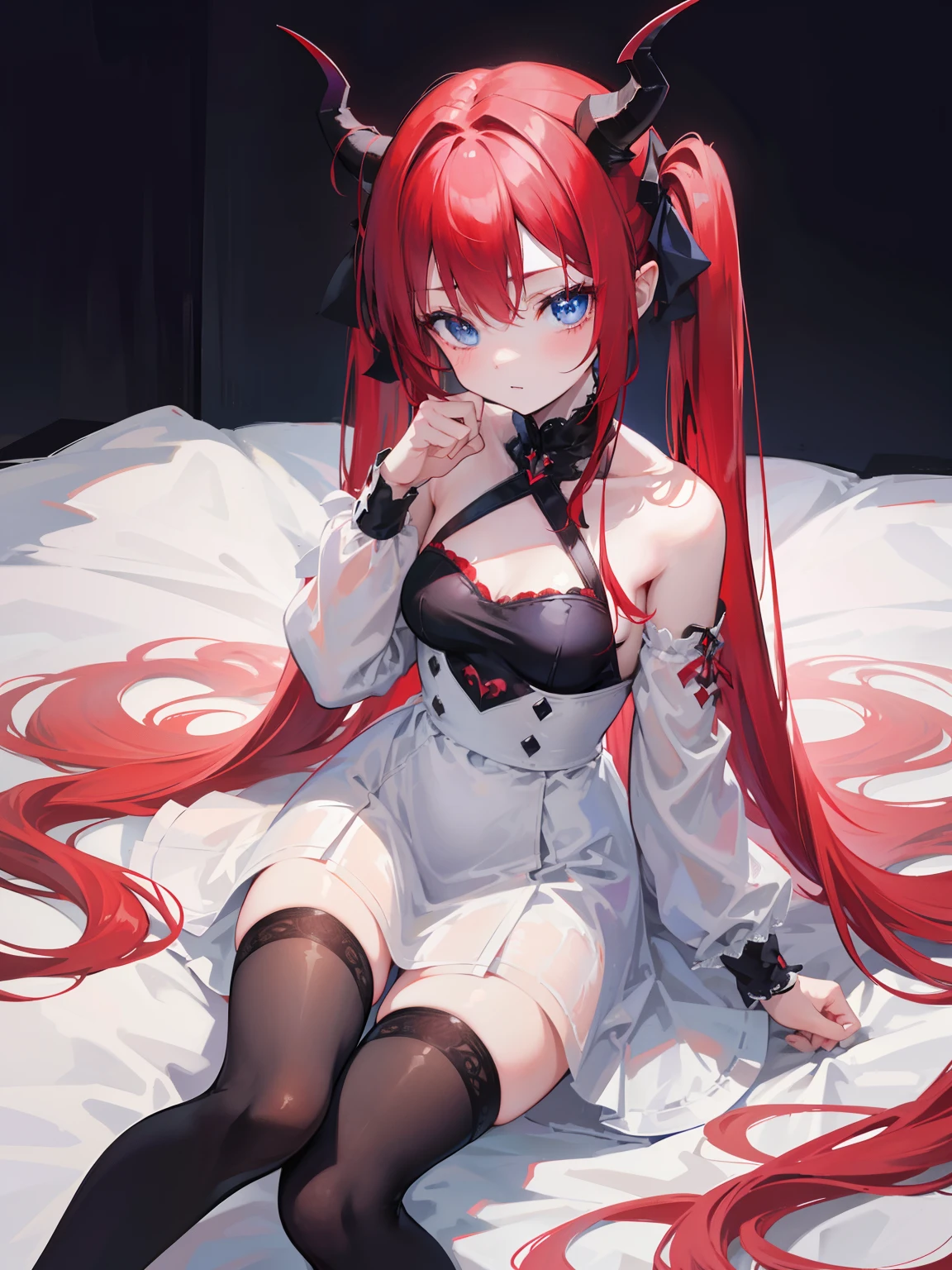 masterpiece, best quality, highres, best quality, highres, rias gremory, 1girl, long hair, school uniform, red hair, drowning, blue eyes, very large breasts, very long detailed hair, breasts, very short skirt, huge drowning, socks, lying on a bed, in a room, pregnant, anime, Rias Gremory,