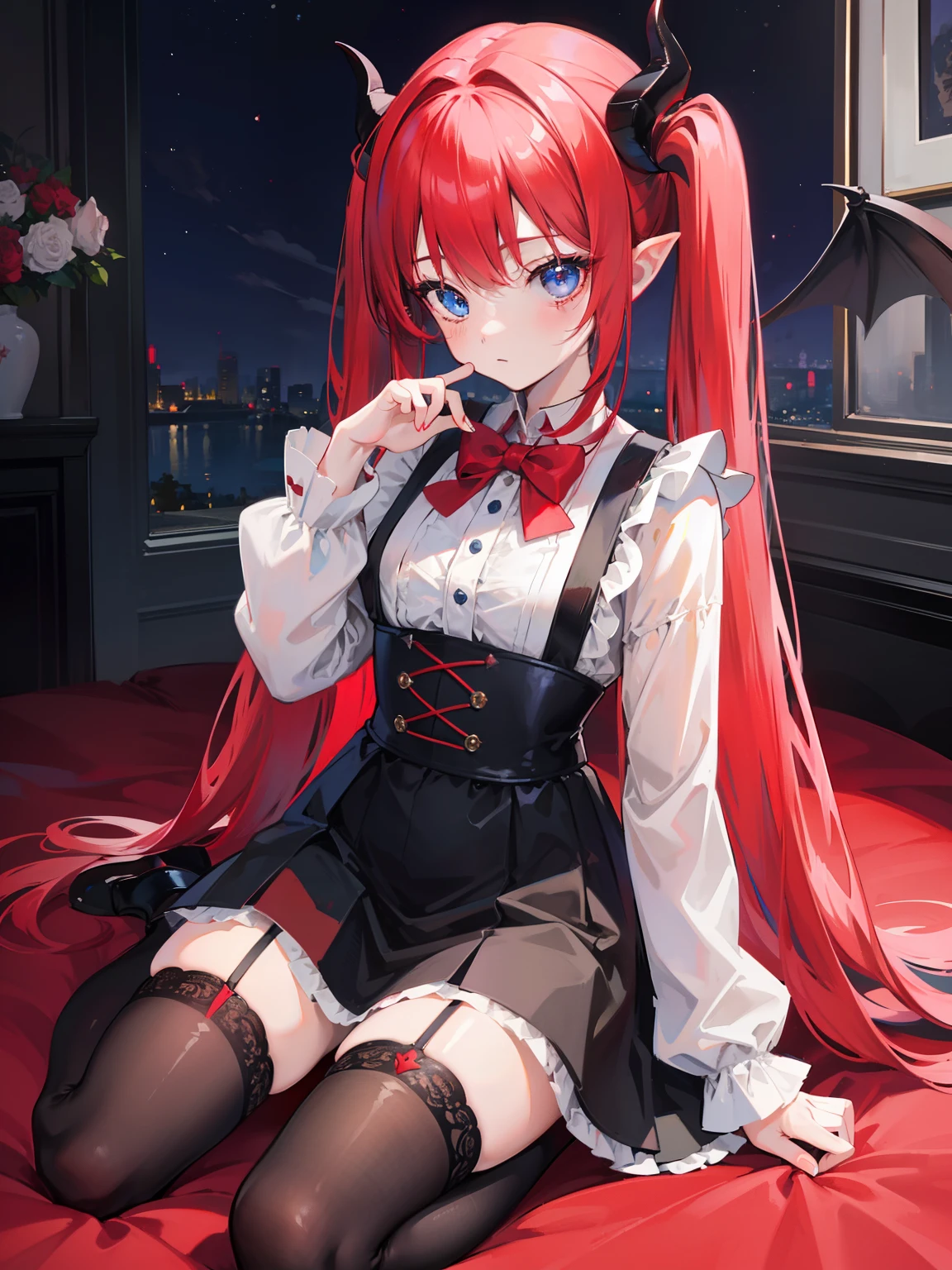 red hair,blue eyes,twintails, long hair, solo, loli, black stockings,{{best quality}}, {{masterpiece}}, {{ultra-detailed}}, {illustration}, {detailed light}, {an extremely delicate and beautiful},,cute,Succubus, demon,horns