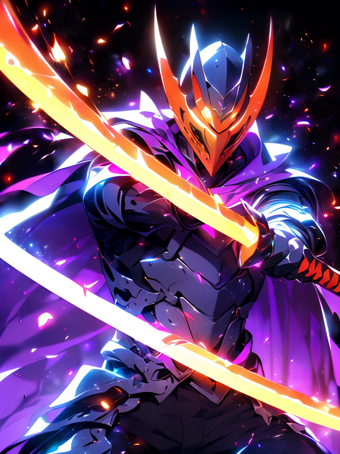 Super Realistic, Hyper Realistic, Super Detailed, (cybersamurai, 1boy, ((solo)), ((pointing orange sword on enemies)) , (High Guard Stance) , (wearing purple-red armor and mask, cape, glowing beautiful purple eyes, glow:1.3) (glowing simple black background:1.25),