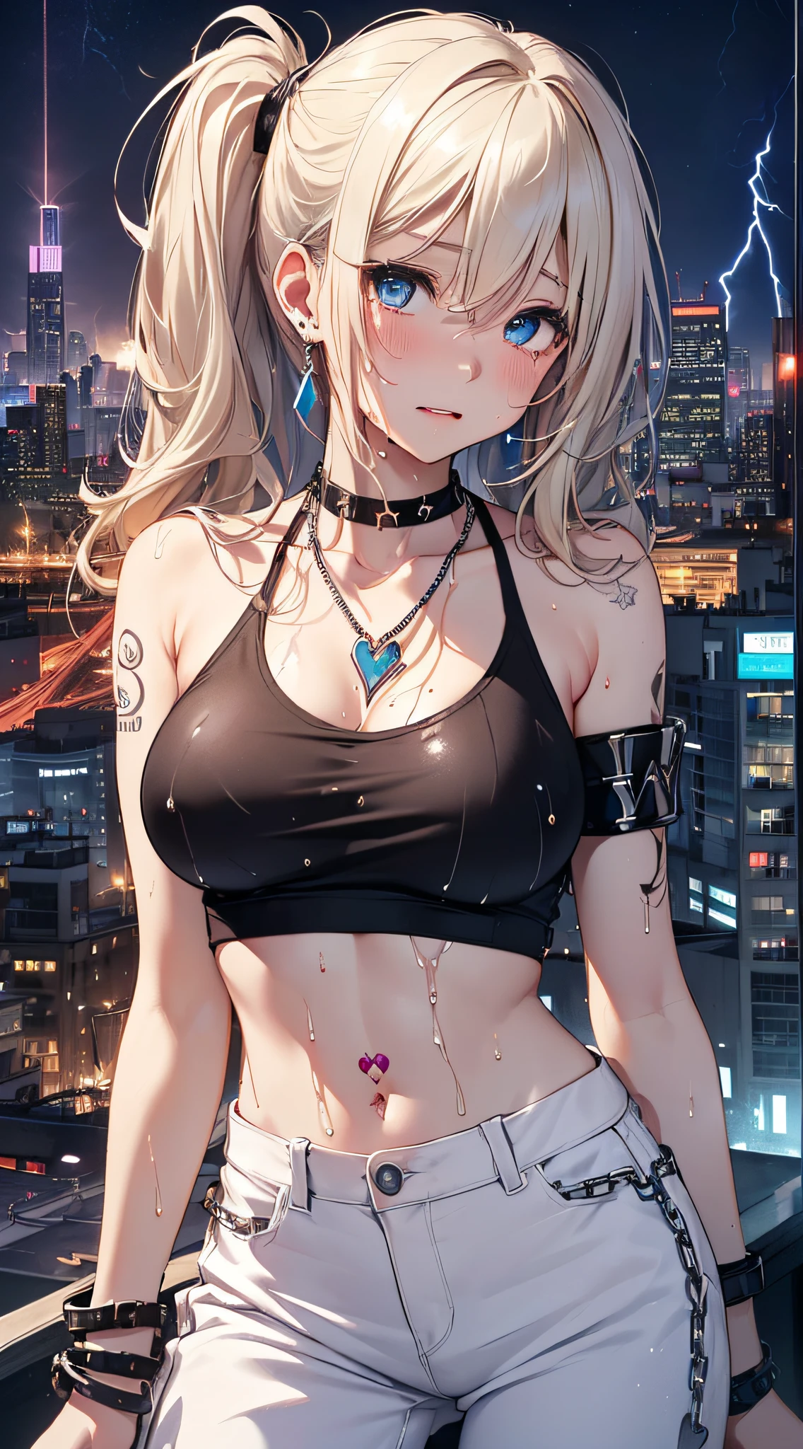 top-quality、Top image quality、masterpiece、girl with((18year old、Tattoo of the heart symbol on the right shoulder、Black Navel Tank Top、White pants、Best Bust、Bust 85、a blond、poneyTail、Blue eyes、open chest wide、Happiness、Chain Accessories、Black wristband on wrist、jamping,A slender、whole body Dripping wet、shed tears))hiquality、visualart、Background with((City at night、Sateen、lightning bolt))、masutepiece