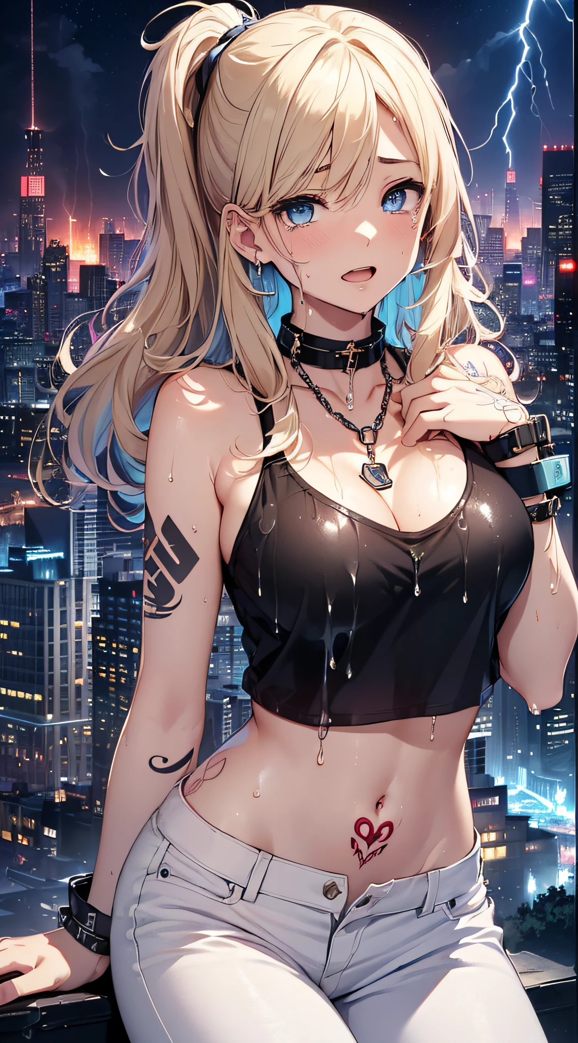 top-quality、Top image quality、masterpiece、girl with((18year old、Tattoo of the heart symbol on the right shoulder、Black Navel Tank Top、White pants、Best Bust、Bust 85、a blond、poneyTail、Blue eyes、open chest wide、Happiness、Chain Accessories、Black wristband on wrist、jamping,A slender、whole body Dripping wet、shed tears))hiquality、visualart、Background with((City at night、Sateen、lightning bolt))、masutepiece