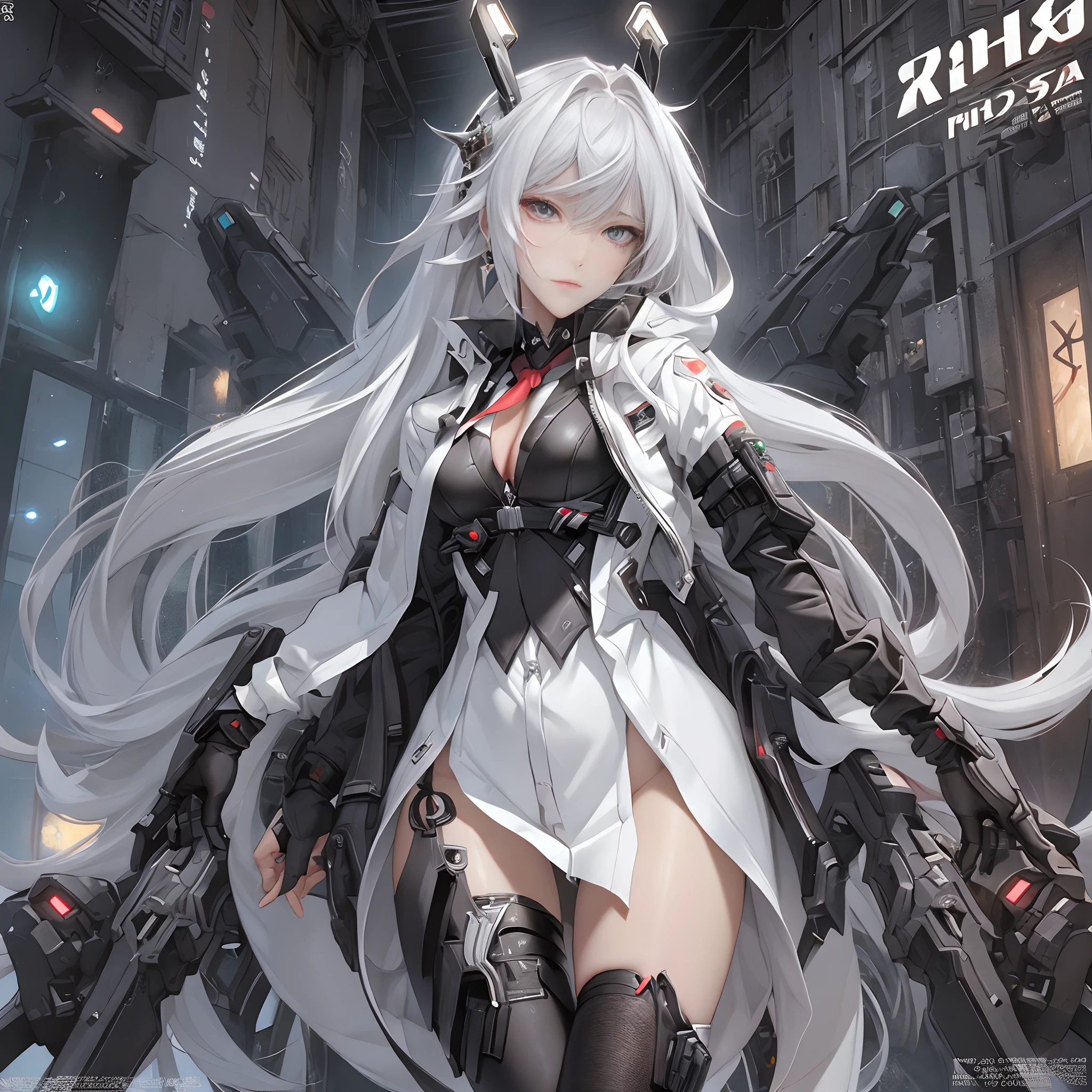 masterpiece, (best quality), (ultra-detailed), (ultra-realistic:1.2), landscape, sci-fi, transistorpunk, cyberpunk, biopunk, (magazine cover:1.4), (gray, white), female huge robot, visor, earring, mechanical angel wings on the back, angel wings, future town, dynamic pose, dynamic angle, small breasts, luxury, (gold, silver, green), neonmasterpiece, (best quality), (ultra-detailed), (ultra-realistic:1.2), landscape, sci-fi, transistorpunk, cyberpunk, biopunk, (magazine cover:1.4), (gray, white), 8k, UHD, The alone long waist white hair woman as the lone character as a magazine, yellow eyes, gold eyes, hair accessory, floating alone , high resolution, sci-fi city , Hyper detail mature face, black strapless bodysuit, white shirt, black panty, black jacket, black glove, ultra sharp, red necktie, black string full leg stocking, black string high thigh kneesock , exposed leg , black boot, feet visible, Hand Visible , twin sword, twin floating equipment, detail finger, 5 finger, Shooting pose,action pose,explosion effect, a determined expression on her face。
