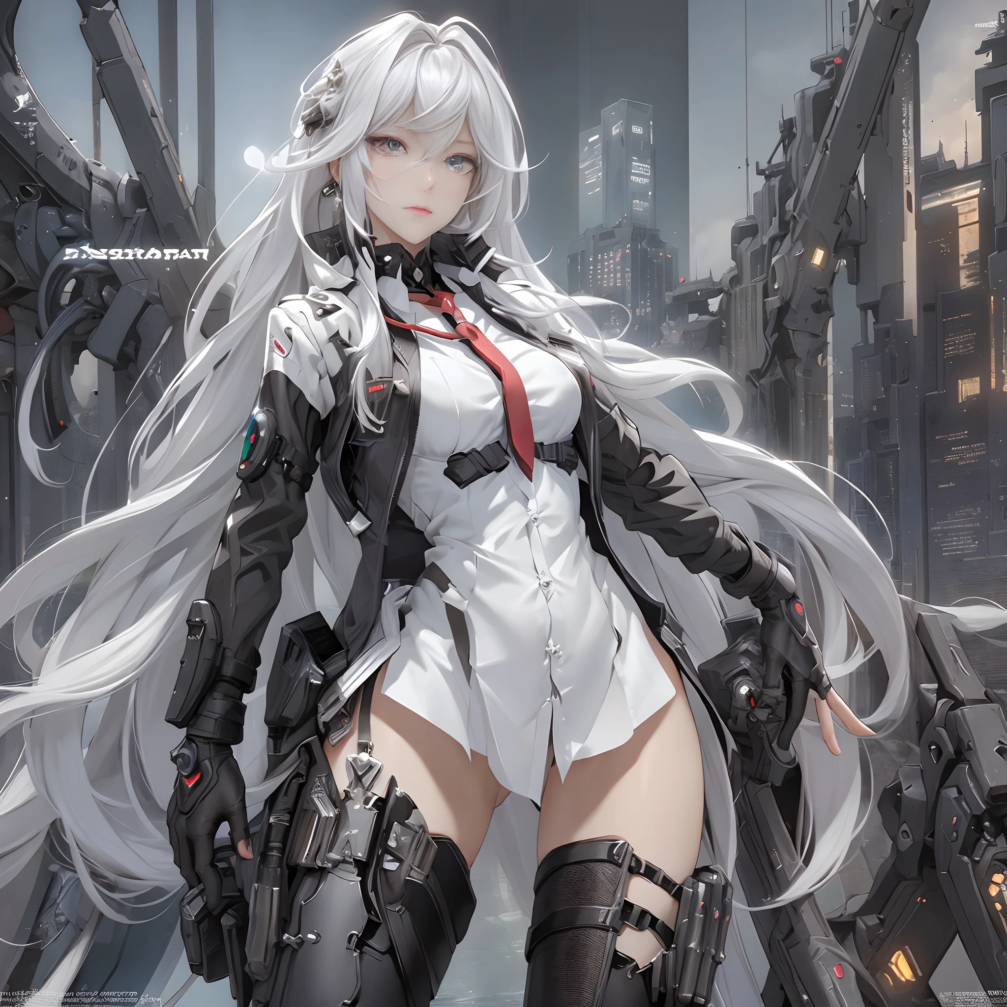 masterpiece, (best quality), (ultra-detailed), (ultra-realistic:1.2), landscape, sci-fi, transistorpunk, cyberpunk, biopunk, (magazine cover:1.4), (gray, white), female huge robot, visor, earring, mechanical angel wings on the back, angel wings, future town, dynamic pose, dynamic angle, small breasts, luxury, (gold, silver, green), neonmasterpiece, (best quality), (ultra-detailed), (ultra-realistic:1.2), landscape, sci-fi, transistorpunk, cyberpunk, biopunk, (magazine cover:1.4), (gray, white), 8k, UHD, The alone long waist white hair woman as the lone character as a magazine, yellow eyes, gold eyes, hair accessory, floating alone , high resolution, sci-fi city , Hyper detail mature face, black strapless bodysuit, white shirt, black panty, black jacket, black glove, ultra sharp, red necktie, black string full leg stocking, black string high thigh kneesock , exposed leg , black boot, feet visible, Hand Visible , twin sword, twin floating equipment, detail finger, 5 finger, Shooting pose，action pose,explosion effect, a determined expression on her face。