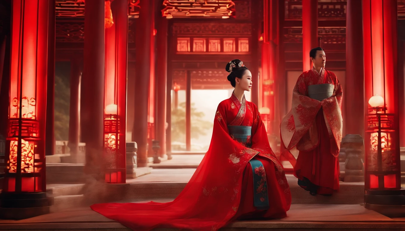 8K, masterpiece best quality, Women, Man, (Gentle shape), Perfect face, Hanfu dress, Sexy, Fascinating, Thin fabric Chinese dress, Tower, Red Lantern Tower,