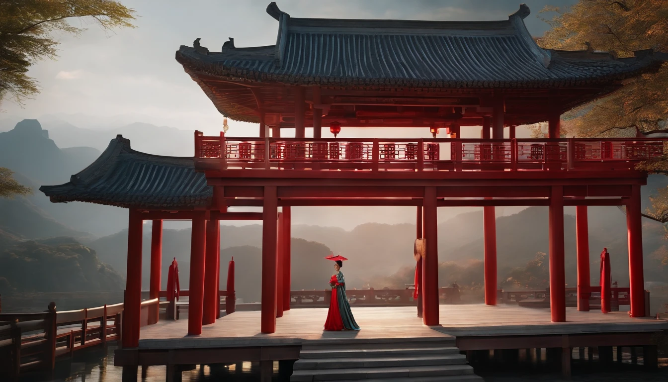 8K, masterpiece best quality, Women, Man, (Gentle shape), Perfect face, Hanfu dress, Sexy, Fascinating, Thin fabric Chinese dress, Tower, Red Lantern Tower,