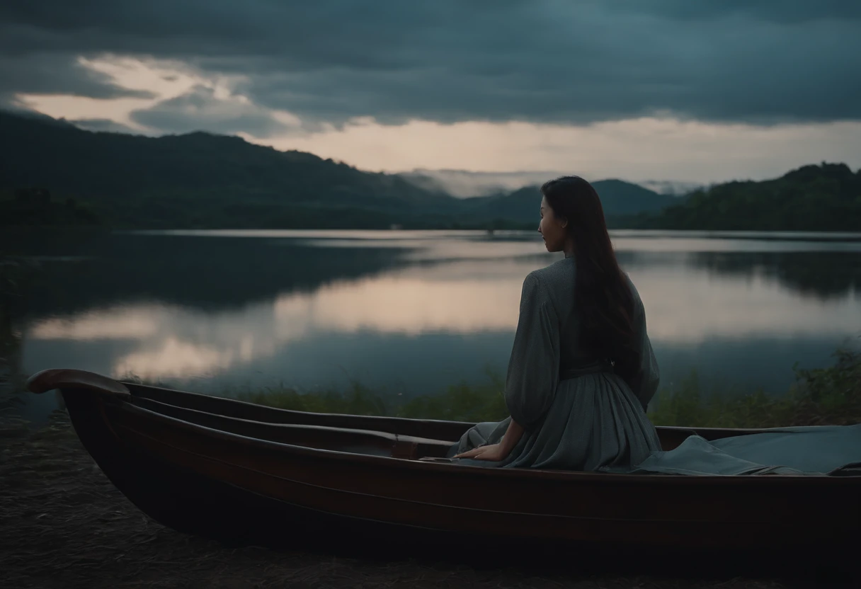 Screenshot of the movie, director:张艺谋 in the mood of, A girl with long hair sits by the lake,Wear thick clothing,Cloudy, Rainy, dusk scene, Antique style, high high quality, 8K, Back pat