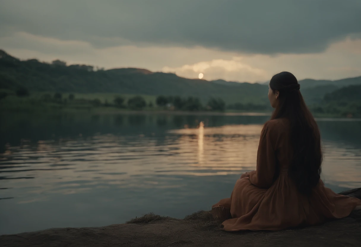Screenshot of the movie, director:张艺谋 in the mood of, A girl with long hair sits by the lake,Wear thick clothing,Cloudy, Rainy, dusk scene, Antique style, high high quality, 8K, Back pat