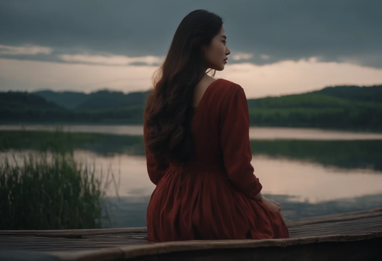 Screenshot of the movie, director:张艺谋 in the mood of, A girl with long hair sits by the lake,Wear thick clothing,Cloudy, Rainy, dusk scene, Antique style, high high quality, 8K, Back pat