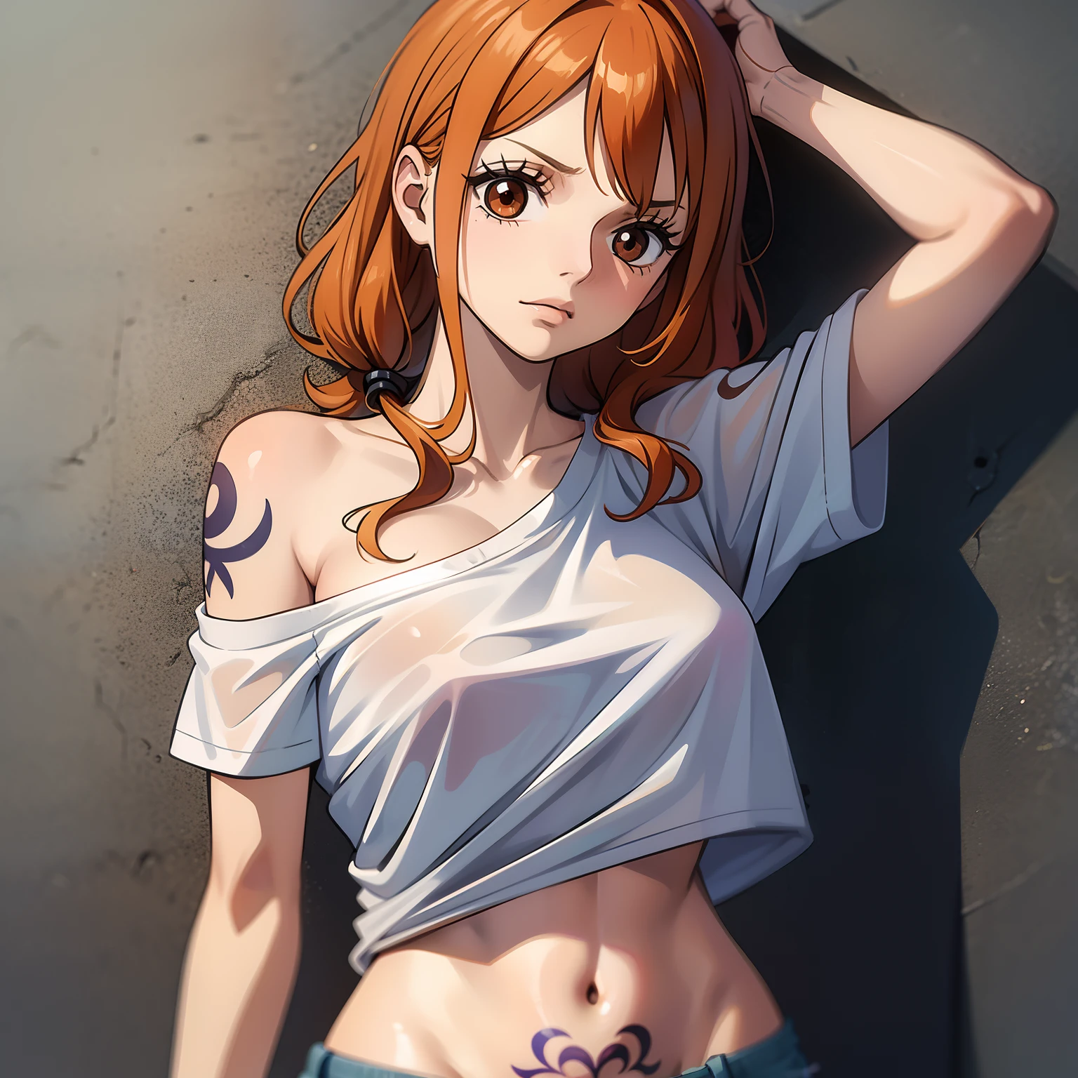 cute  s,Round and brown eyes、Orange hair color、no bra、Straight mid-length hairstyles、Stomach tightness、Windmill tattoo on the left shoulder、Wear a white T-shirt、Wearing denim、Embarrassed by