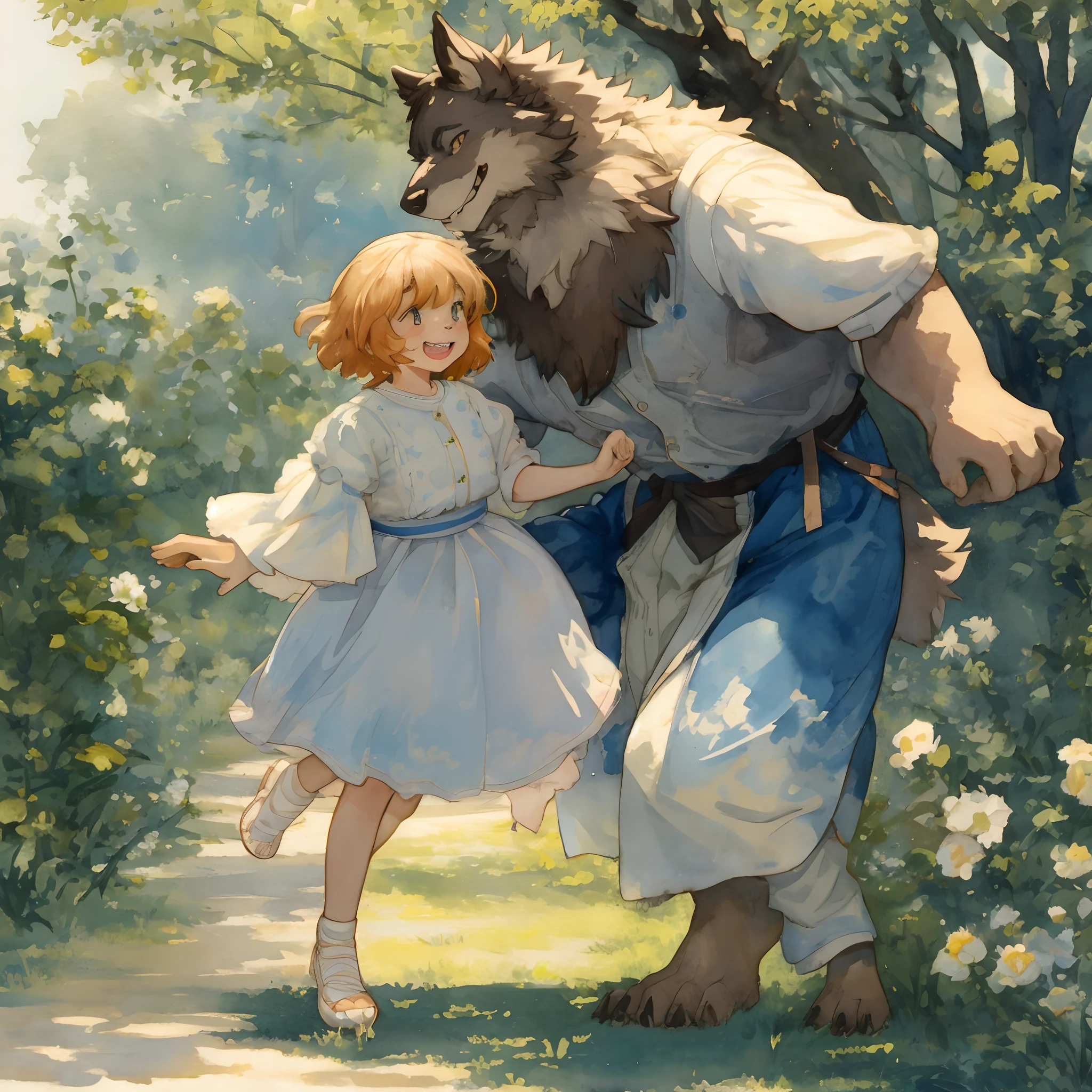 watercolor, soft color, Vintage images, highres, unparalleled masterpiece, absurdres, love story of human  girl and giant Werewolf, pair, Height difference, Physical difference, perfect anatomy, smile, joyful, play with, smile, happy, watercolor,