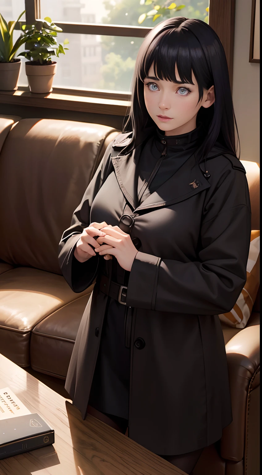 A girl with shoulder-length dark knight hair and purple eyes, Blunt Bangs, Wears a black trench coat with a hood, Brown stockings, and black knee-length boots, standing in living room. 
(Best quality,4K,8K,A high resolution,Masterpiece:1.2), Ultra-detailed, (Realistic,Photorealistic,photo-realistic:1.37), hdr, hyper HD, Studio lighting, Extreme detail description, professional, Vivid colors, Bokeh, sportrait, comfortable atmosphere, Warm color tones, Soft natural lighting, vintage decor, Comfortable sofa, wooden coffee table, Bookshelves for books and plants, Natural sunlight through the windows.