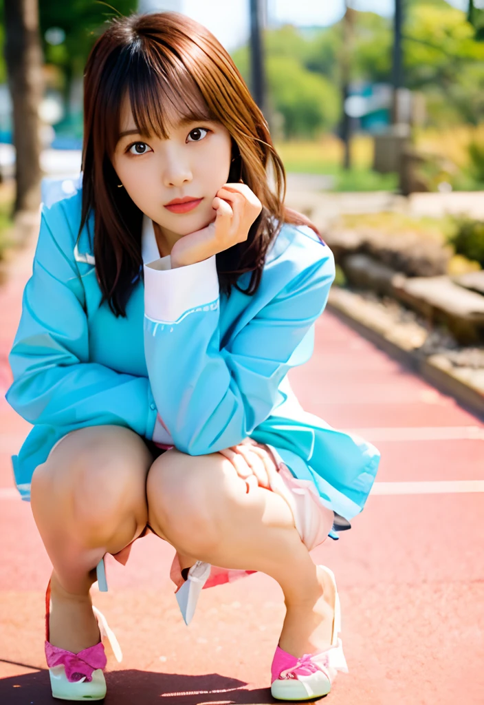 There is a woman kneeling on the ground with her hands on her chin, Ayaka, chiho, aya takano color style, Ayami Kojima Amano, closeup Iwakura Lain, sayori, photo of breeze kaze, photo for a magazine, harumi, takada akemi, Shiori Teshirogi, Rin