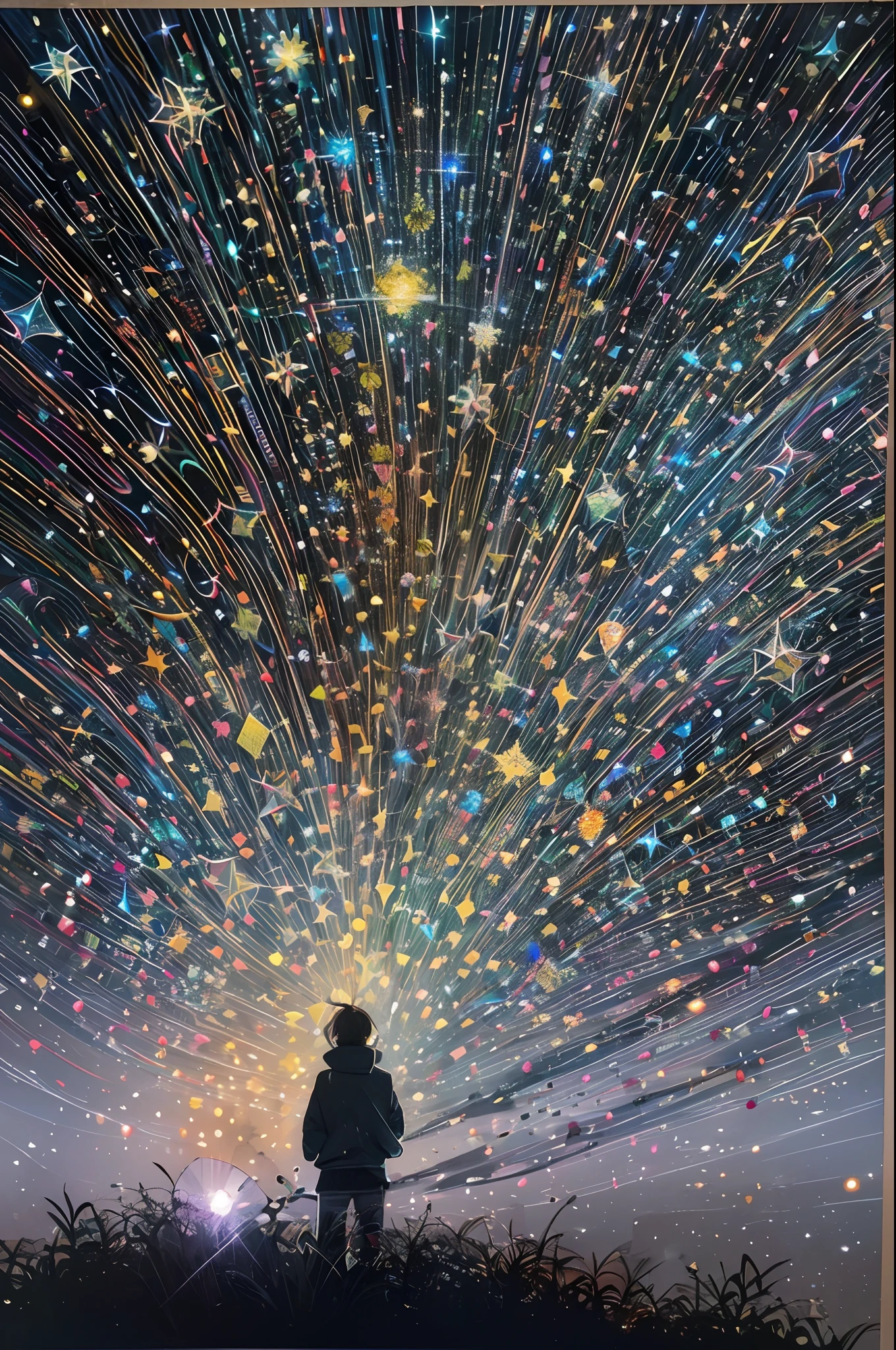 (Reflect: Real light resonates) There is a space scattered with luminous stars. Like the Milky Way, the light gathers to form a shape and shine. (Light-producing spirits:1.6) shoot numerous luminous stars of various sizes into the air, producing thin particles of different colors from their hands. Red, blue, yellow, purple, green, gold, and silver beautiful lights shine like neon lights.Artist uses blotting ink、Blurred the boundaries of the picture, Combination with delicate brushwork、Expressing the details of the picture. It's incredibly beautiful. Beautifully expresses the shades of black ink.