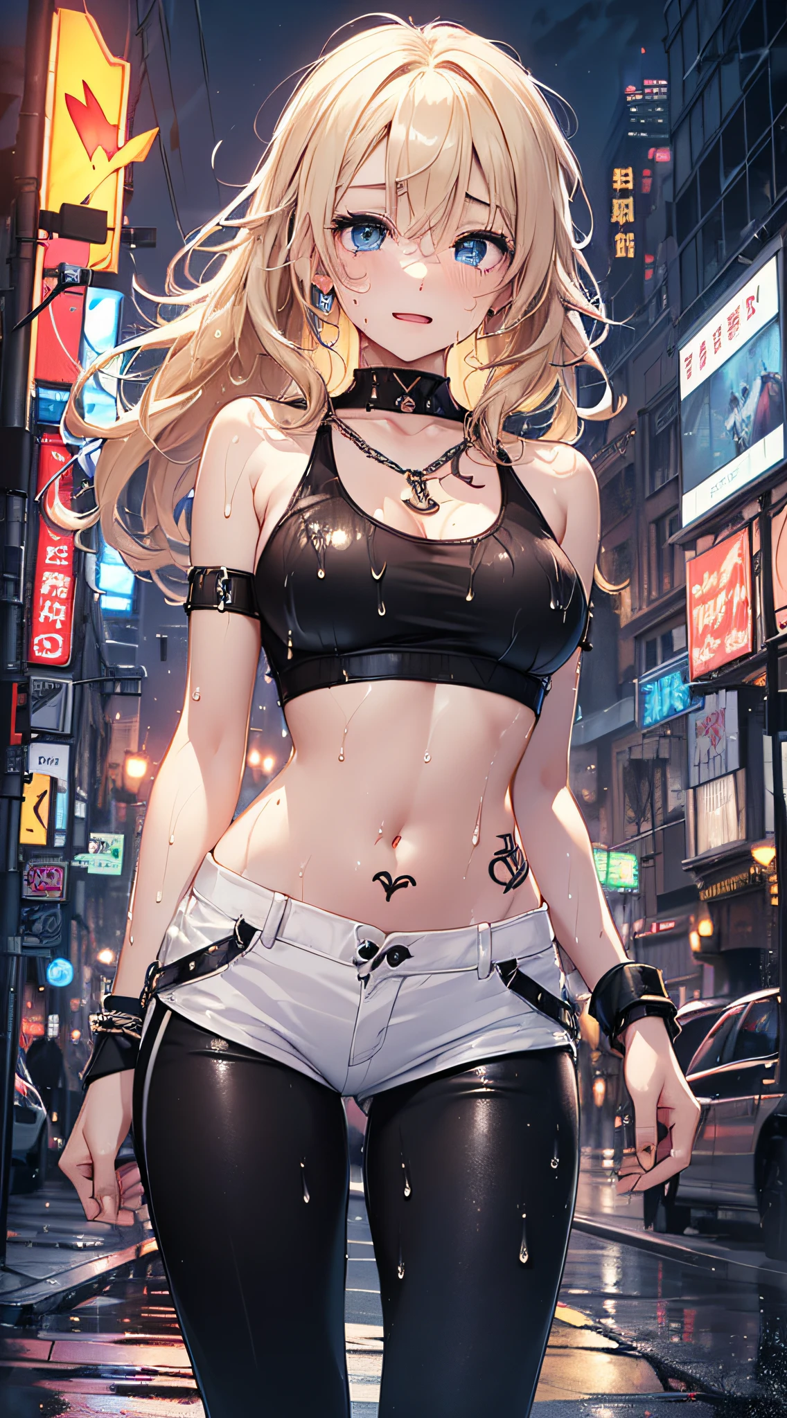 top-quality、Top image quality、masterpiece、girl with((18year old、Tattoo of the heart symbol on the right shoulder、Black Navel Tank Top、White pants、Best Bust、Bust 85、a blond、poneyTail、Blue eyes、open chest wide、Happiness、Chain Accessories、Black wristband on wrist、jamping,A slender、whole body Dripping wet、Tears of joy))hiquality、visualart、Background with((City at night、Sateen、lightning bolt))、masutepiece、Depth(lightning bolt)