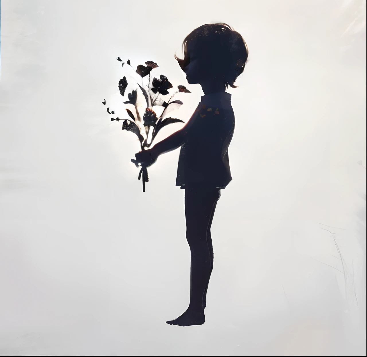 There is a silhouette of a boy holding a bouquet of flowers, detailed silhouette, silhuette :7, inspired by Banksy, carrying flowers, stylized silhouette, unique silhouettes, Holding flowers, with flowers, holding a flower, silhoutte, Black silhouette, Girl made of flowers, silhuette!!!, silhuette, Very surreal, Flowers grow from the body