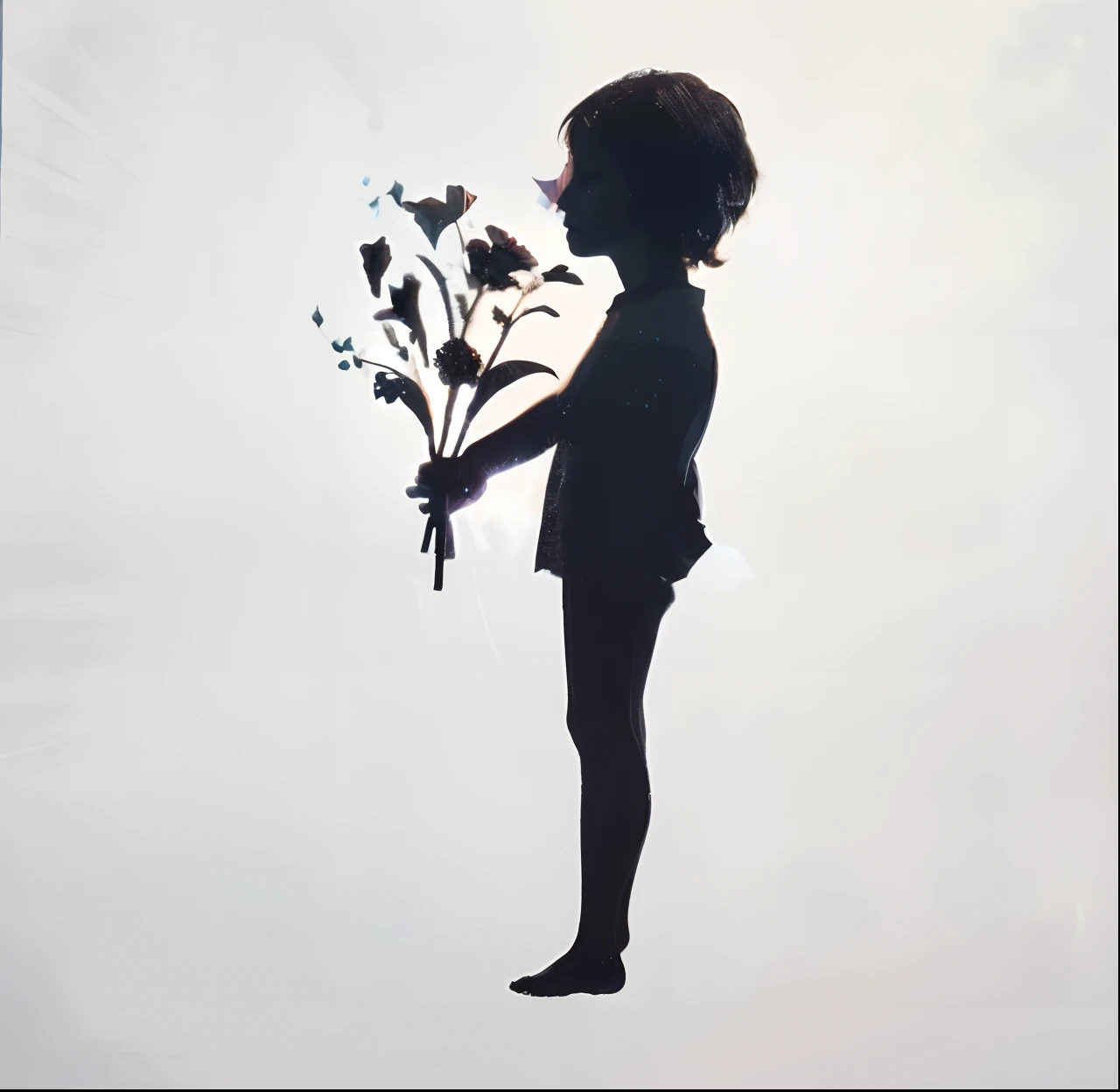 There is a silhouette of a boy holding a bouquet of flowers, detailed silhouette, silhuette :7, inspired by Banksy, carrying flowers, stylized silhouette, unique silhouettes, Holding flowers, with flowers, holding a flower, silhoutte, Black silhouette, Girl made of flowers, silhuette!!!, silhuette, Very surreal, Flowers grow from the body