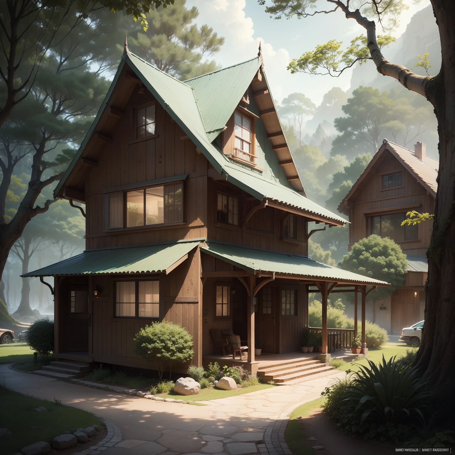Uma cachoeira em frente a uma casa moderna na floresta, a digital rendering by Maginel Wright Enright Barney, Pinterest, Modernismo, provia, creative commons attribution, biomorphic