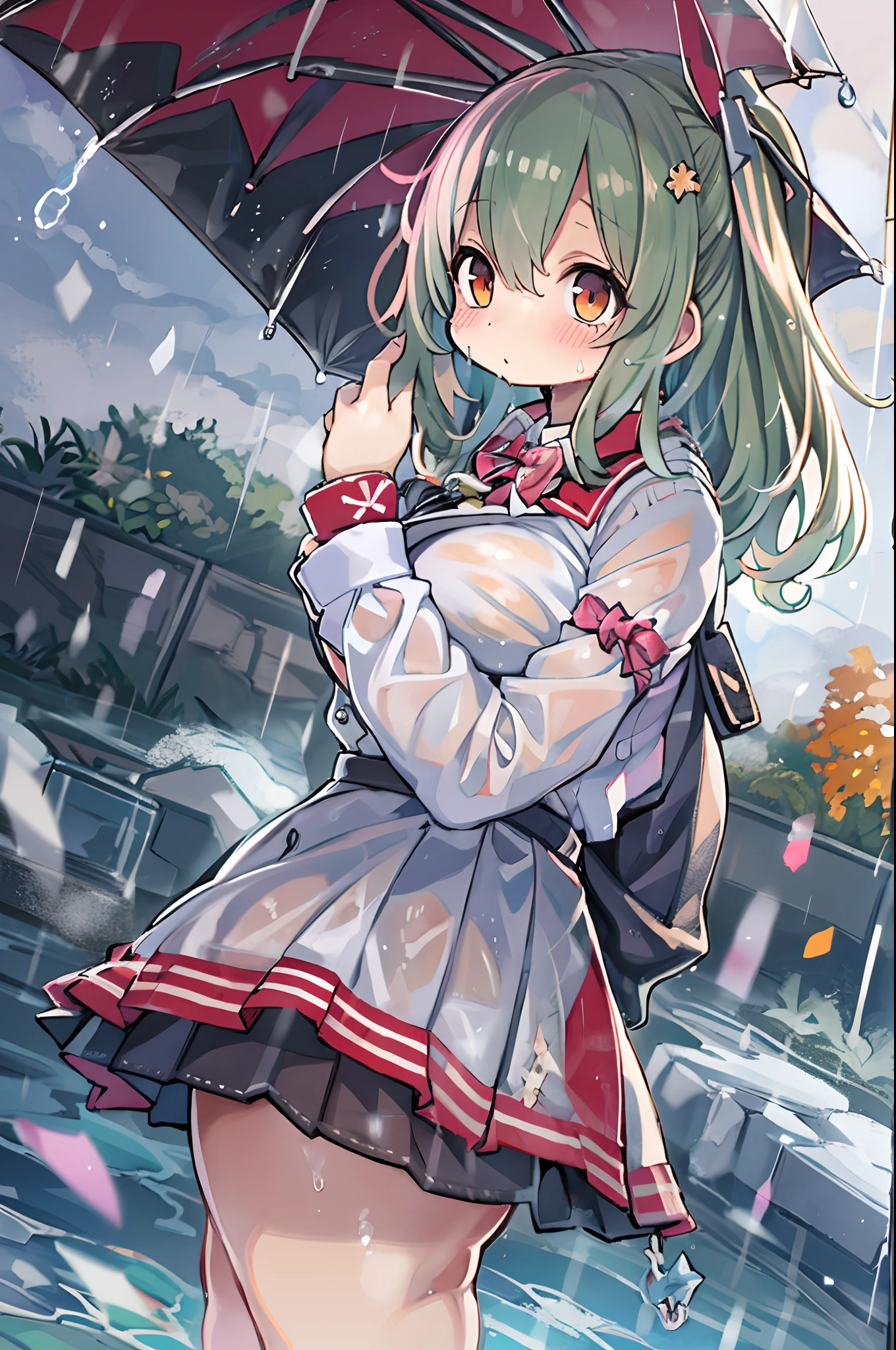 Best Quality, hight resolution, absurderes, Ultra-detailed, Suzuya_(kancolle), 1girl in, long_hair, Skirt, Solo, Shirt, Rain, Wet_Clothes, hair_ornament detached, Wet, Underwear, pleats_Skirt, See-through, bowtie, Red_Bow、bbw、thick thight、big butts、Ultramammy