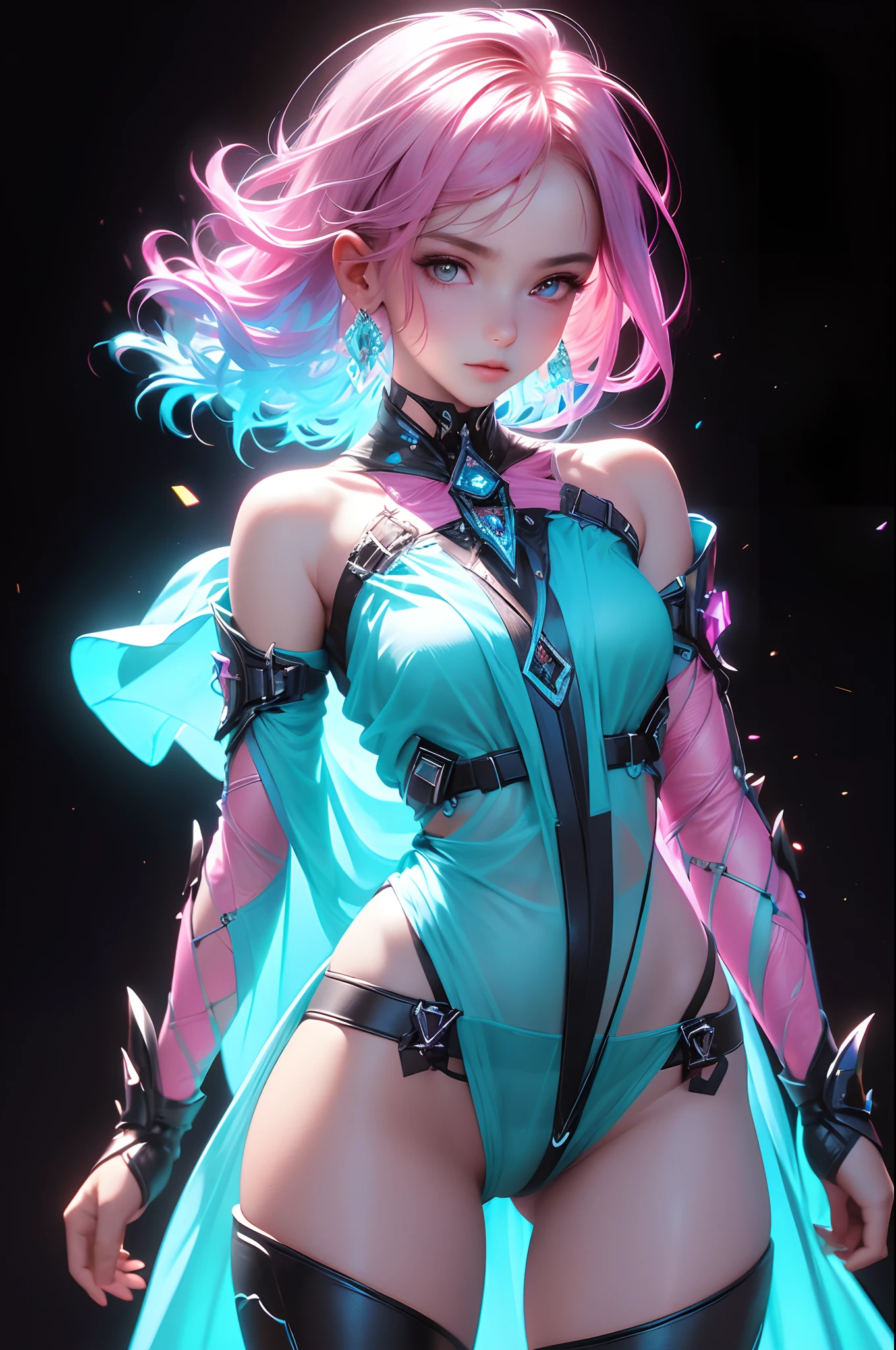 (Masterpiece, Best quality, Dynamic pose:1.3), absurderes, Cowboy shot, Delicate girl, Teenage uncensored, ar old,ink and cyan theme, Neon lights:1.1), (Dark theme, Dark background:1.3), Perspective, Depth of field, Thighs, Thin arms, Thin waist, facelight, clear lighting, filmgrain, color difference, hdr, Sharp focus, A high resolution, Photography, Realistic, highest details, extreme detailed details, Ultra detailed, finedetail, Detailed face, Detailed eyes, Sharp pupils, Realistic pupils