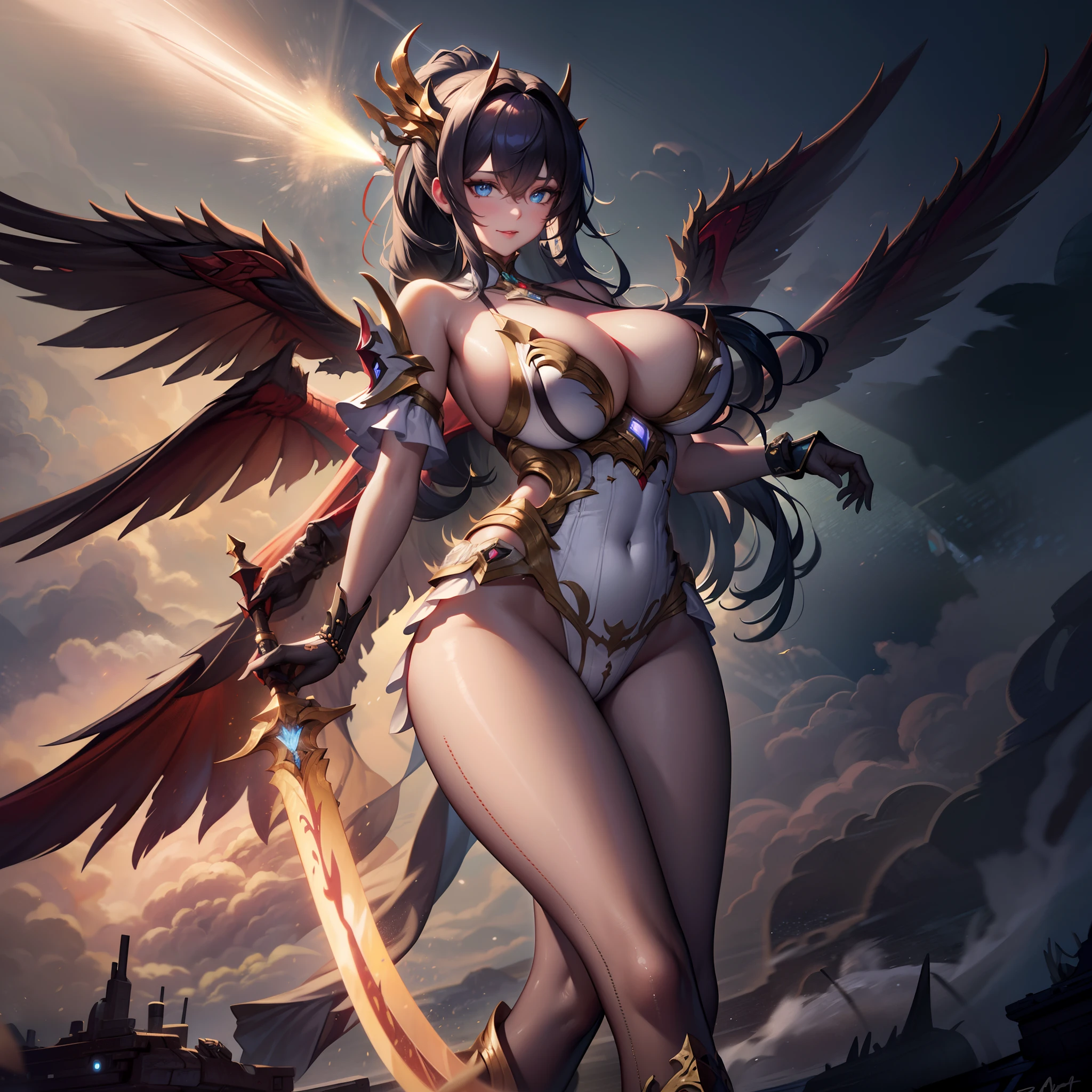 battlemech,(Blonde girl),(Huge ponytail),Glowing blue eyes,Blue Light Energy Longsword,Galactic,Mechanical and exquisite,((Blonde Beauty))pubic detail,mech wings,elegent,Blue Mecha,Glowing blue-blue eyes,(Stocking Heels),land,Mechanical and exquisite,pubic detail,mech wings,elegent,The tree々,There are hands and feet,angled,angled,immensity,Wind,hazy,Mecha's eyes glow blue,Blue Mecha,Glowing blue-blue eyes,Holding the sword of delicate light energy,Skysky,Mechanical and exquisite,pubic detail,Huge mech wings,elegent,The tree々,There are hands and feet,angled,angled,immensity,baiyun,hazy,Mecha's eyes glow blue,pubic detail,Winds of the future,sacredness,Cavalier,battlemech,Glowing blue eyes,Blue Delicate Sniper Rifle,Skysky,Mechanical and exquisite,pubic detail,Huge mech wings,elegent,The tree々,There are hands and feet,angled,angled,immensity,baiyun,hazy,Mecha's eyes glow blue,pubic detail,Winds of the future,sacredness,Cavalier,the face is clear,Face wearing mask armor,masterpaintings,best qualtiy,offcial art,the Extremely Detailed CG Unity 8K Wallpapers,brightened light,(light particules,(Illustration)(Farbe)goodlooking,impeccable,((Graphic Painting)),(Heavier stroke)),(bold lines),Highest image quality,masterpaintings,Filigree,long eyeslashes,(((silhuette))),Very detailed background,tulips,Banana leaves,lilie,dew,Date palm flowers,Ryu,Light white off-the-shoulder dress,Mottled sunlight,(Close-up of people),(Simple and noisy々Right々Right々Right々Right々Right々Right々Right々Right々Right)((Super best quality)), ((A very masterpiece)), ((super detailing:1.4)), ((hyper realistic lifelike 3d)), Dragon Warrior Girl, Mechanical body, Dynamic action poses in battle scenes, Mechanical weapons of very complex and heavy fighters, Off-the-shoulder fashion that blends dense and complex steampunk with dense gothic ta, Complex steampunk headgear, very thin long legs, Mechanical boots above the knee, Fluttering lace flared mini skirt, beautiful big breasts directed upwards,Somewhat long, Vertic