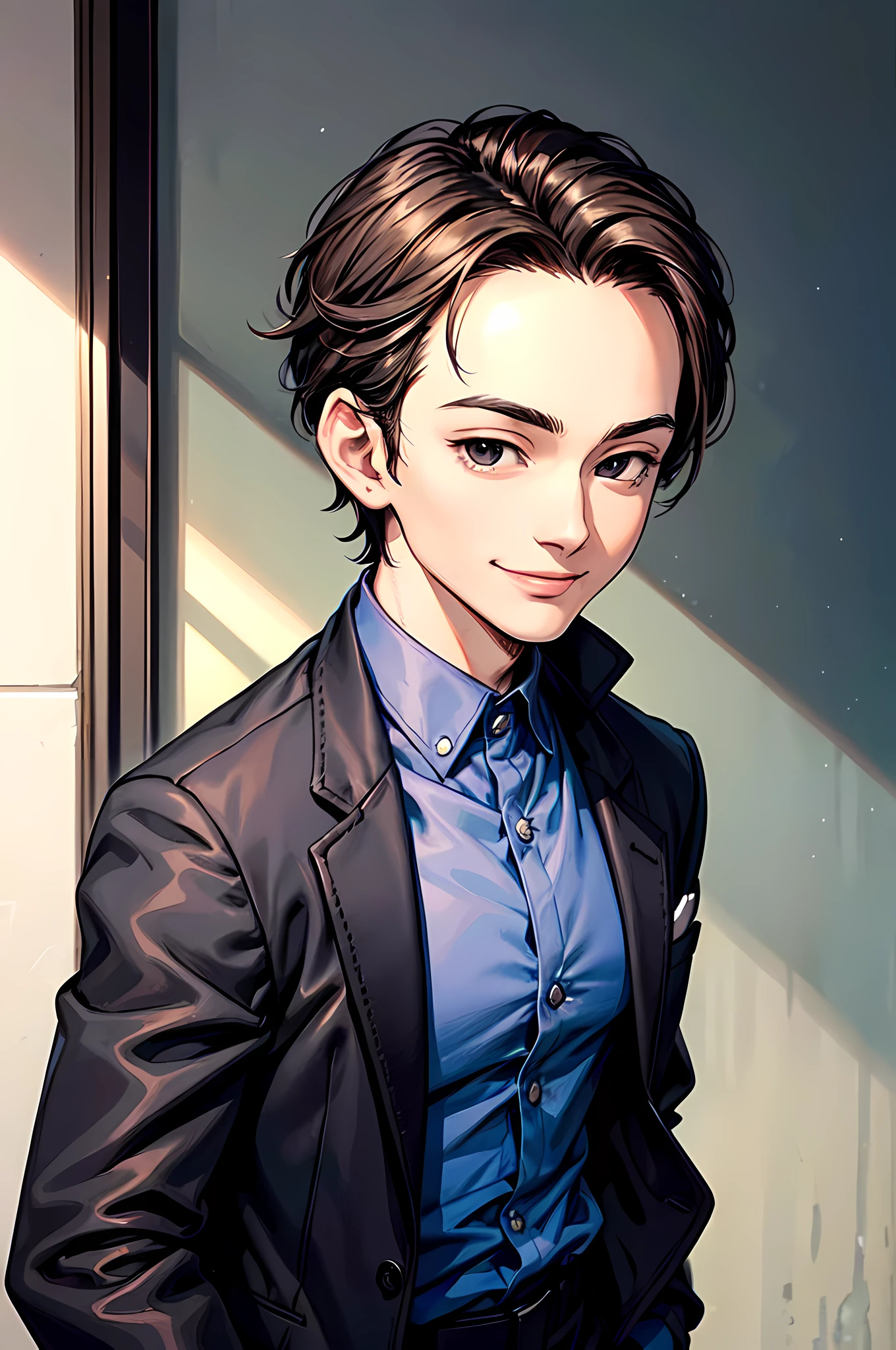 best quality,masterpiece,original,extremely detailed wallpaper,looking at viewer,1boy,solo,male,male focus,black eyes,smile,brown hair,short hair,forehead,swept bangs,black pants,headwear,standing,(blue shirt),open jacket,black jacket,tiara