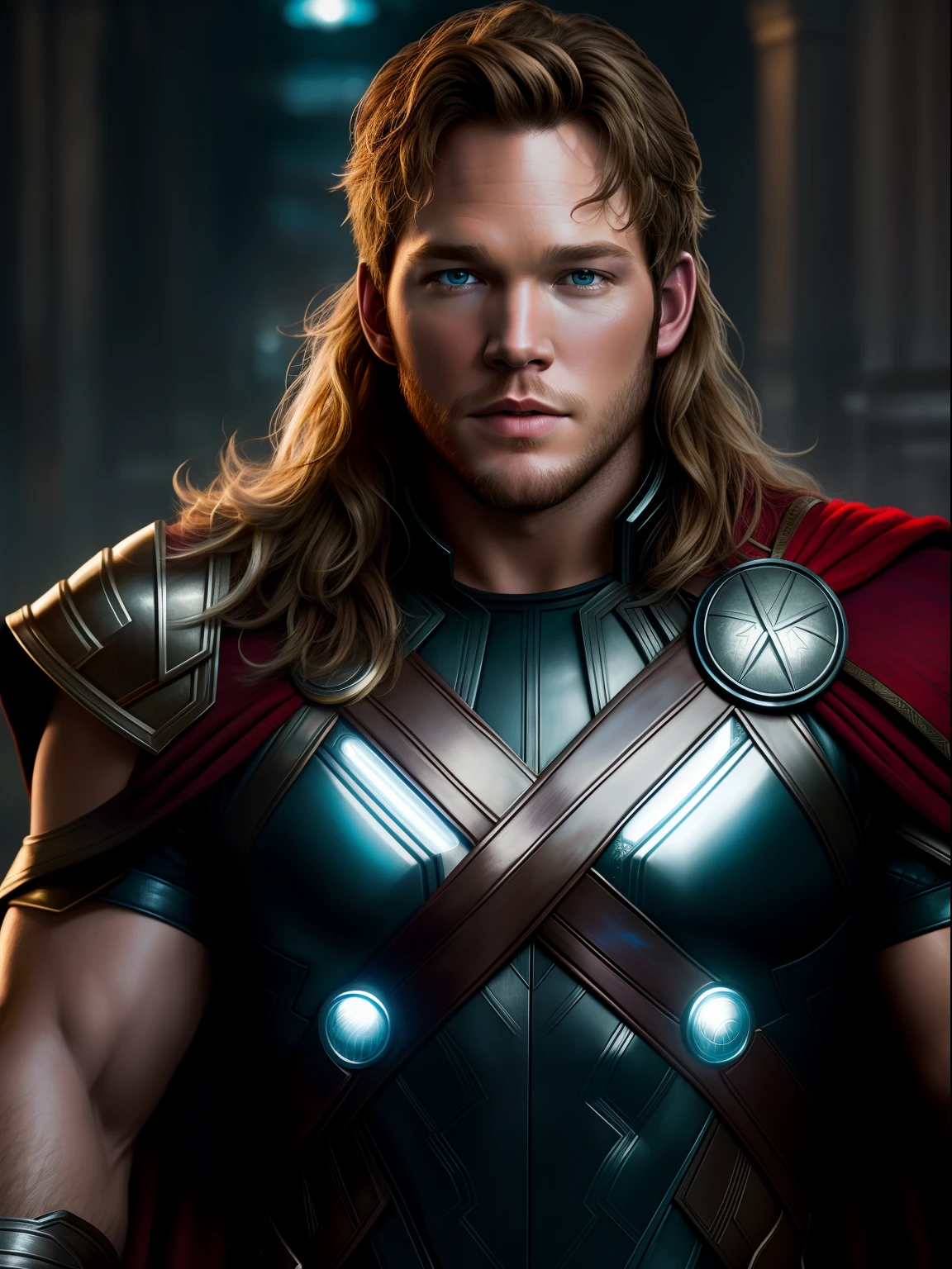 Cinematic soft lighting illuminates a stunningly detailed and ultra-realistic Chris Pratt as Thor God of Thunder from Thor movies, that is trending on ArtStation. Octane is the perfect tool to capture the softest details of this 16k photography masterpiece