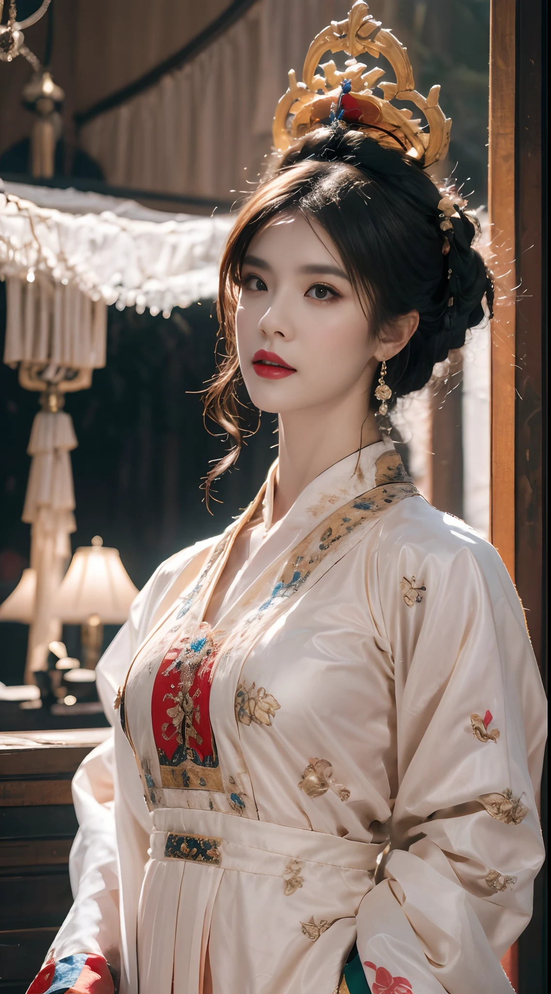 A beautiful portrait of a 20-year-old saint, Wearing a thin multicolored silk dress, Beautiful face without blemishes, ((Natural smile:0.3)), Mouth closed, ((7 color hair length:1.2)), The Great Crown, Hair brooch, Hanfu dress, Chinese ancient style, Full body accessories, Tattoo on the forehead, Ultra-flat chest, face, Red lips, Delicate pink and white eyes (White and details) Cinematic, light and dark, Dramatic lighting, Magical light, Extremely detailed light, True color, Super sharp, Realistic, 8K quality, Fantasy universe background, Saints and magical spaces, The most detailed image, Exhibition photos, Awarded, Striking bright tonal effect,