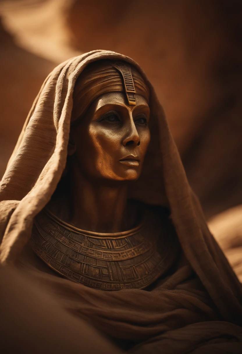 a detailed mummy with wrapped linen,ancient egyptian style,weathered bandages and textures,mysterious and eerie atmosphere,bright warm colors,soft lighting,ancient tomb,decorative jewelry,carved hieroglyphs,desert landscape,sand dunes,intricate and ornate sarcophagus,skeletons emerging from the sand,creepy insects and scarabs,cryptic symbols,ancient curse,maximum resolution (4k,8k),high contrast and definition,detailed and realistic mummy face