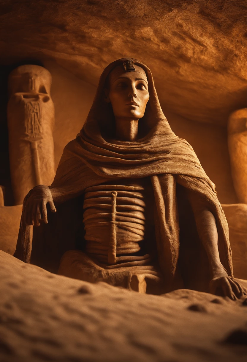 a detailed mummy with wrapped linen,ancient egyptian style,weathered bandages and textures,mysterious and eerie atmosphere,bright warm colors,soft lighting,ancient tomb,decorative jewelry,carved hieroglyphs,desert landscape,sand dunes,intricate and ornate sarcophagus,skeletons emerging from the sand,creepy insects and scarabs,cryptic symbols,ancient curse,maximum resolution (4k,8k),high contrast and definition,detailed and realistic mummy face