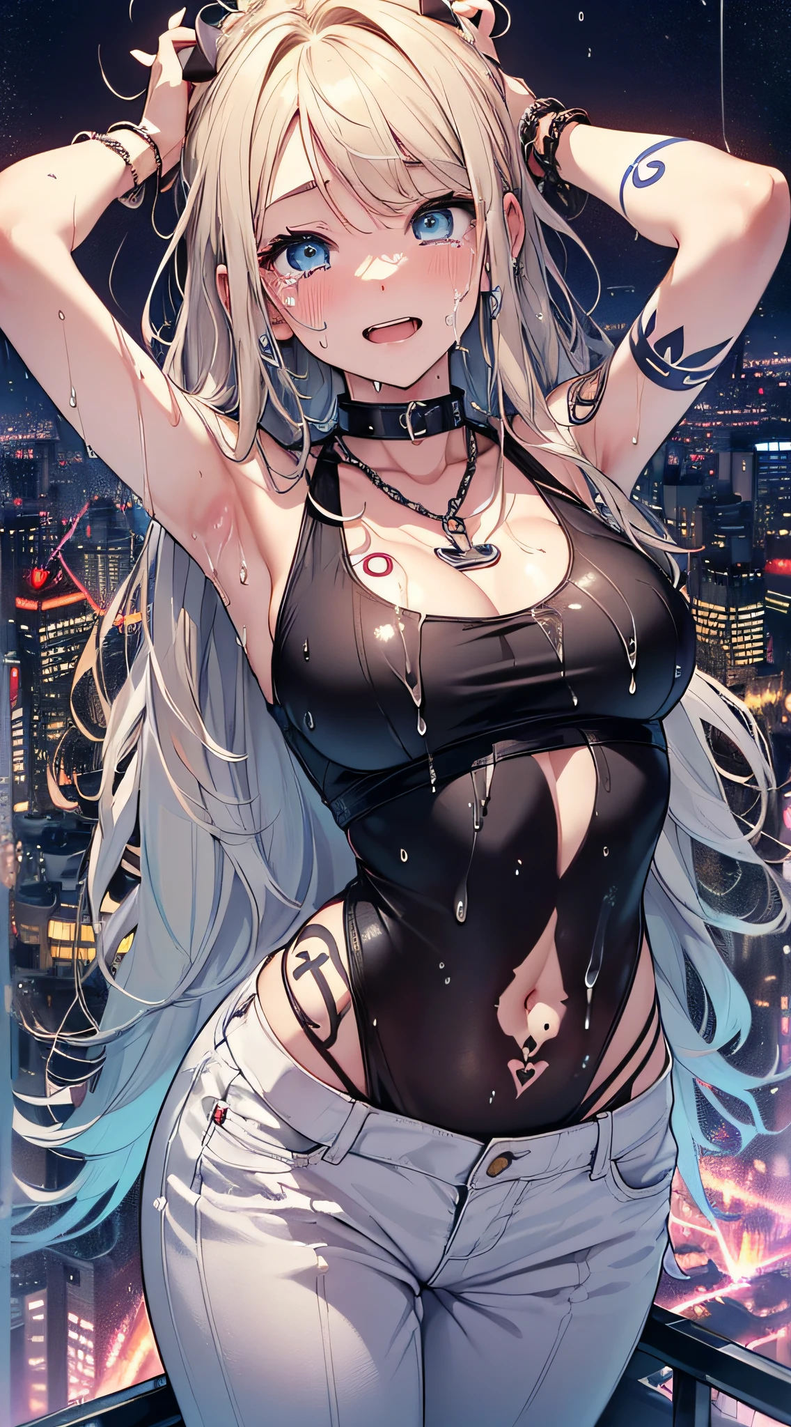 top-quality、Top image quality、masterpiece、girl with((18year old、Tattoo of the heart symbol on the right shoulder、Black Navel Tank Top、White pants、Best Bust、Bust 85、a blond、poneyTail、Blue eyes、open chest wide、Happiness、Chain Accessories、Black wristband on wrist、Raise your left arm、A slender、whole body Dripping wet、Tears of joy))hiquality、visualart、Background with((City at night、Sateen、lightning bolt))、masutepiece、Depth(lightning bolt)
