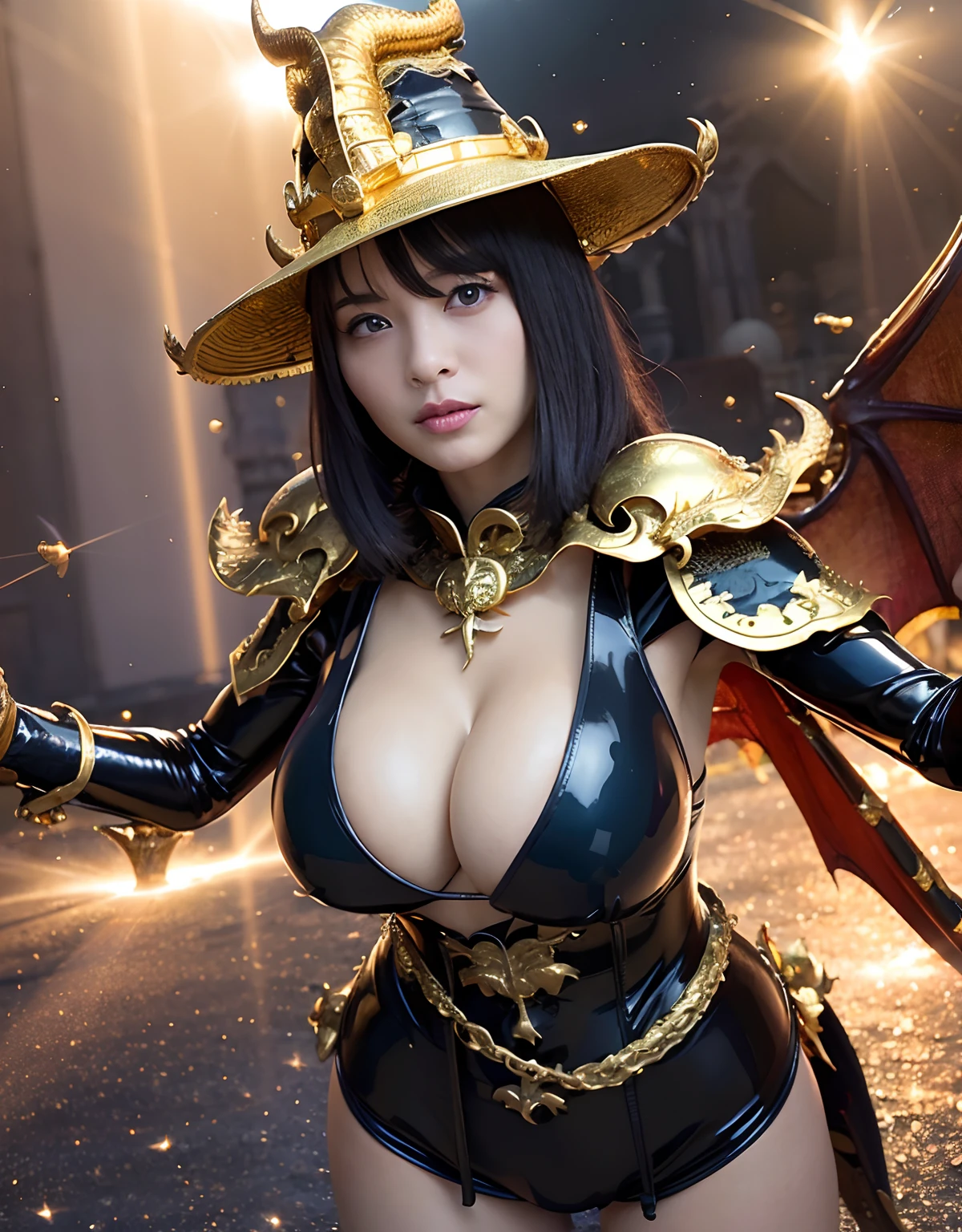 ((World of Darkness)),Professional , ​masterpiece、top-quality、photos realistic , depth of fields 、(((Fight dragons))),（Dragon Black Metal Body:1.9),(Latex Blue、（cleavage of the breast）,（Fight dragons）、、(((Particles of light))),（Micro Bikini Armor:1.7),Gorgeous gold weapons ,（Fight dragons）、Seductive look、The face of the dragon is out、（blood splattere、Armpit、（(((With a magic wand))), ） , (((Wearing a black latex wizard hat))),（demonic wings）   ,（（a blond））、（Castle background）、（（Gangle's forest background））、Beautiful Caucasian beauty、１a person、Armpit、dynamic ungle,(((Detailed Gold Dragon Wizard Hat)))、Smaller head、A smile、Castle background、Thin and beautiful female hands、cleavage of the breast、Soldier in iron armor on background、Mystical expression、Light Effects、intense fighting、Wind-effect、magic circles、With the legendary magic wand、Dragon's tail、explosions、Toostock、Toostock、(Beautuful Women),