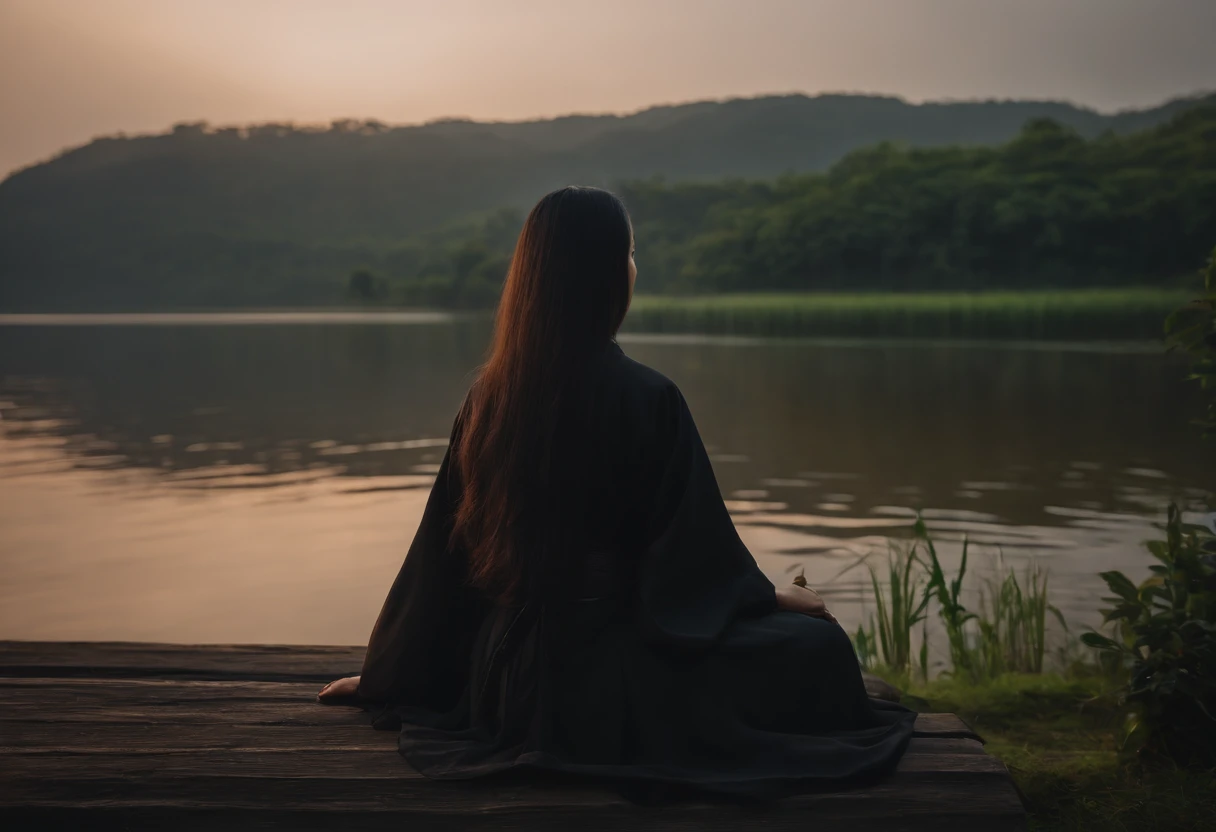 Screenshot of the movie, director:张艺谋 in the mood of, A girl with long hair sits by the lake,Facing the lake,Wearing black-brown Hanfu,Cloudy, Rainy, dusk scene, wide angles,Antique style, high high quality, 8K, Back pat