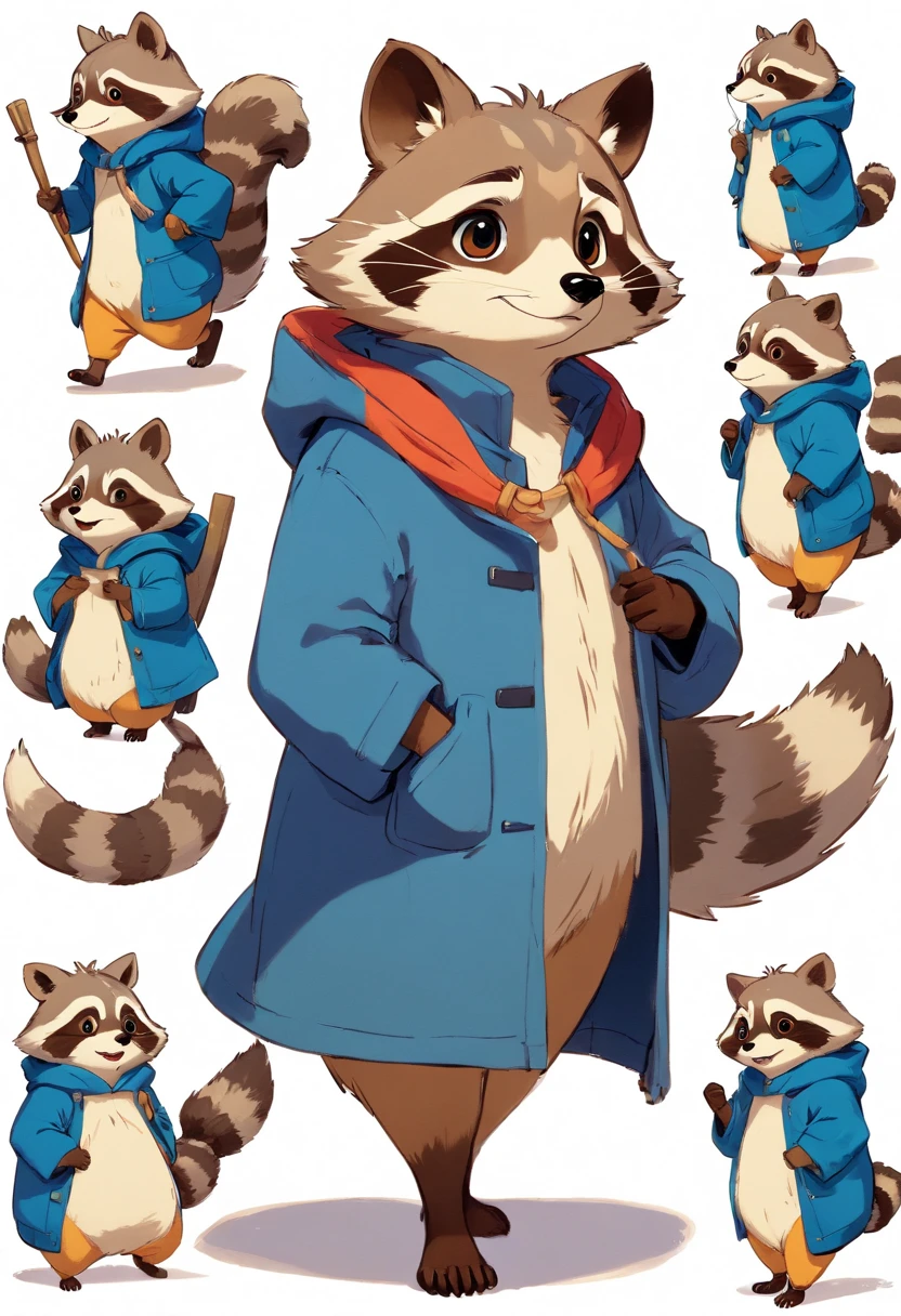 (best quality,highres), anthropomorphic raccoon character, adorable, small, walking on two legs, in various 10 poses, blue 19th-century coat, character sheet, sitting, standing, facing front, side view, back view, multiple poses and facial expressions, watercolor