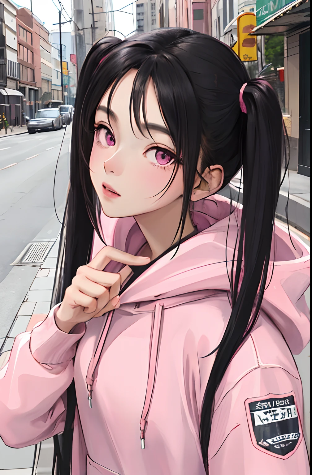 best-quality,portrait,ultra-detailed,black hair,pink eyes,pink hoodie,twintail,vibrant colors,in the street