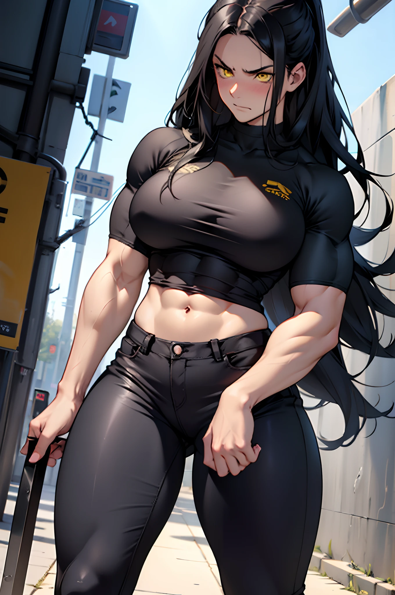 1girl, extremely long hair, solo, ((muscular)), veins, black hair, yellow eyes, blushing, thick thighs, pale skin, strong, veins, abs, big thighs, huge breasts, navel, standing, angry, tight pants, tight shirt