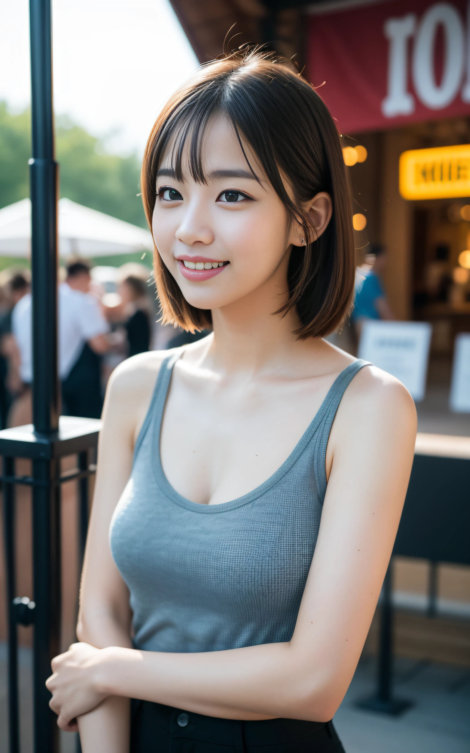 masterpiece, Best Quality, 8K, 1girl, good hand, 14 yo, lively, active, life force, luminescence, Looking away, Raw photo, F/1.8, 135 mm, NIKON, Anatomically correct, bokeh，Textured skin, Professional Photography, Portrait, Soft light, Professional Lighting, Solo, (Smile), Cute, Girly, Film grain, (Eyes and faces with detailed:1.0), 8k wallpaper, bangs, Tank top, pants, amusement park